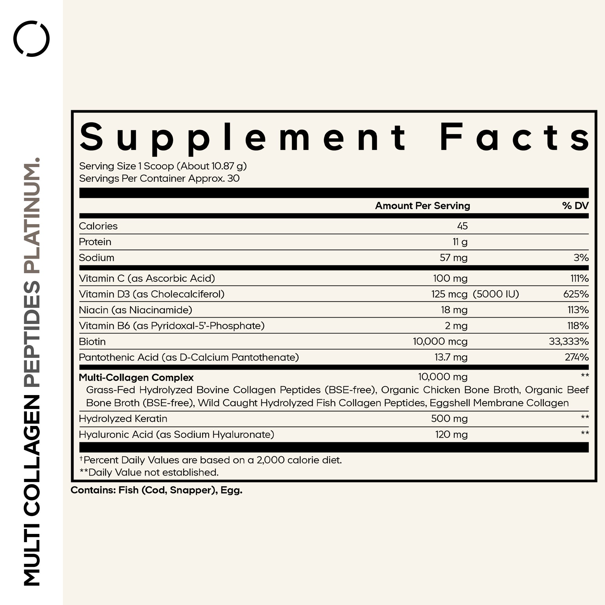 A detailed supplement facts label lists nutritional information and ingredients for a multi-collagen peptide product, highlighting serving size, calories, protein, vitamins, and collagen sources.