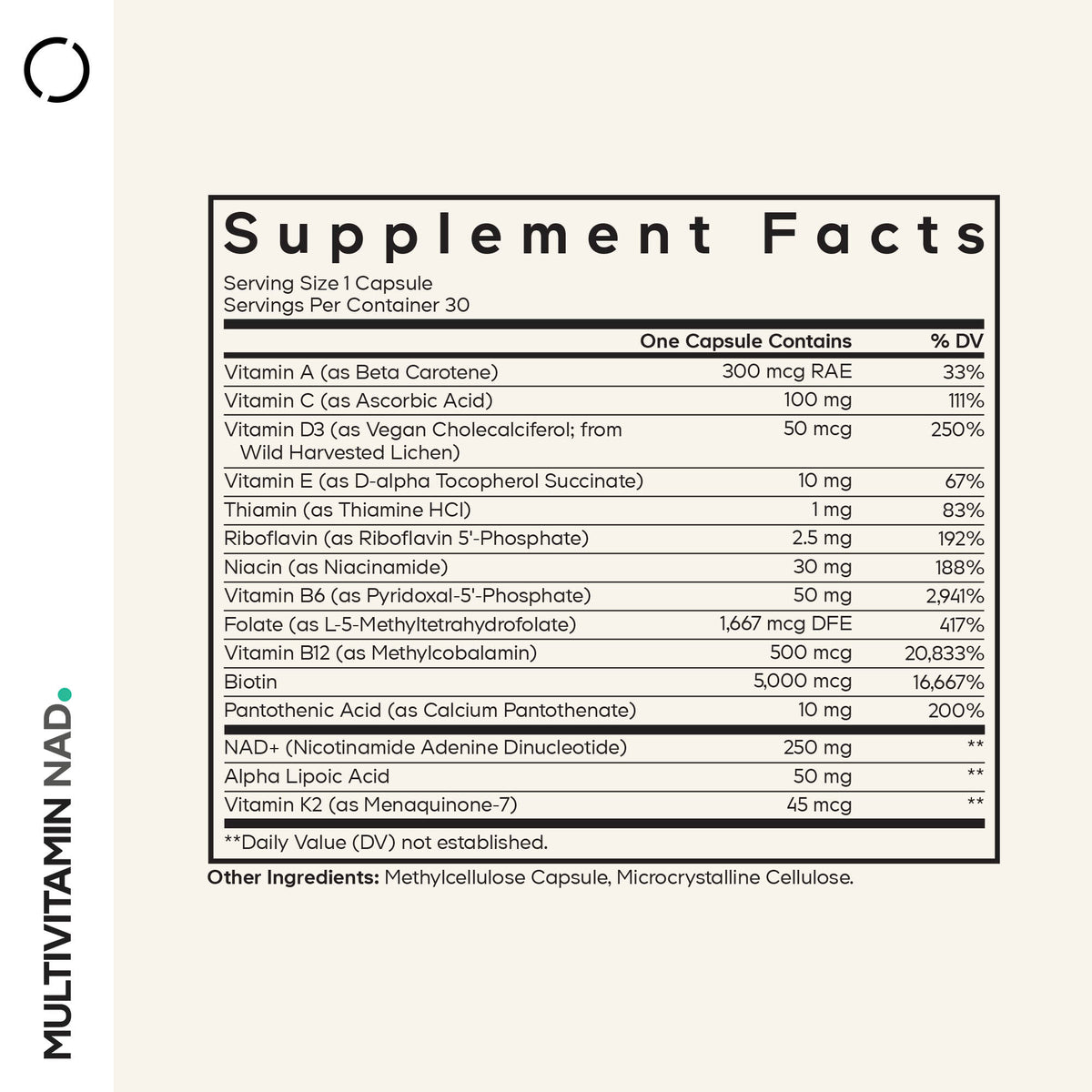 A detailed supplement facts label lists the vitamins and minerals included in a multivitamin capsule, highlighting their amounts and daily value percentages for each nutrient.