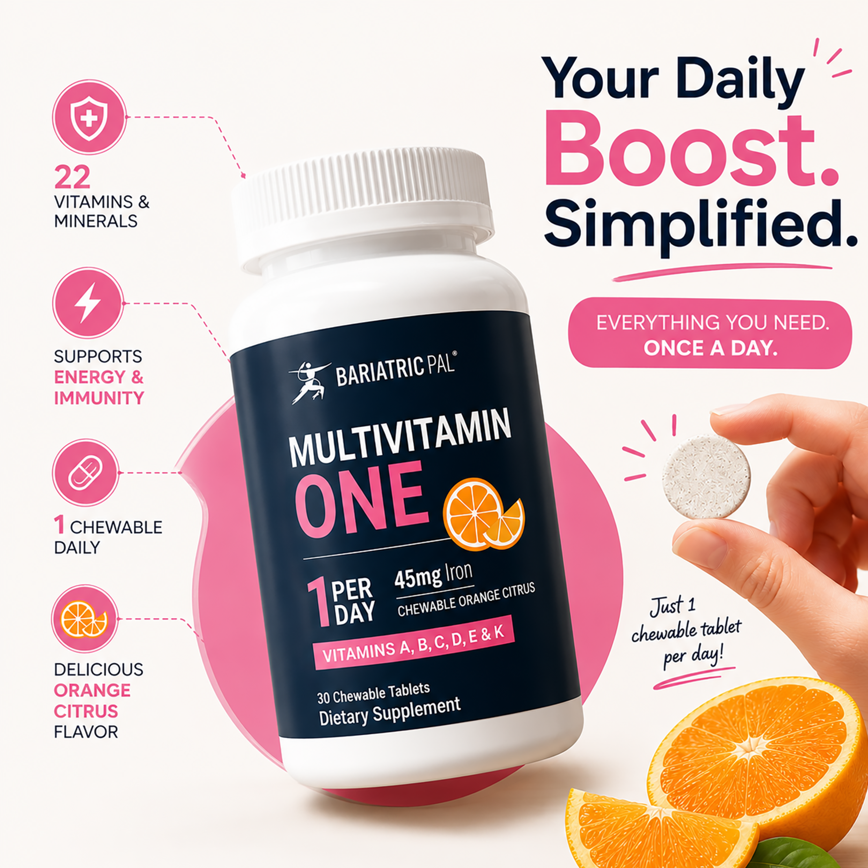 BariatricPal Multivitamin One chewable tablets in a white bottle with a dark navy and pink label, shown alongside a hand holding a single tablet, orange slices, and marketing text on a light background.