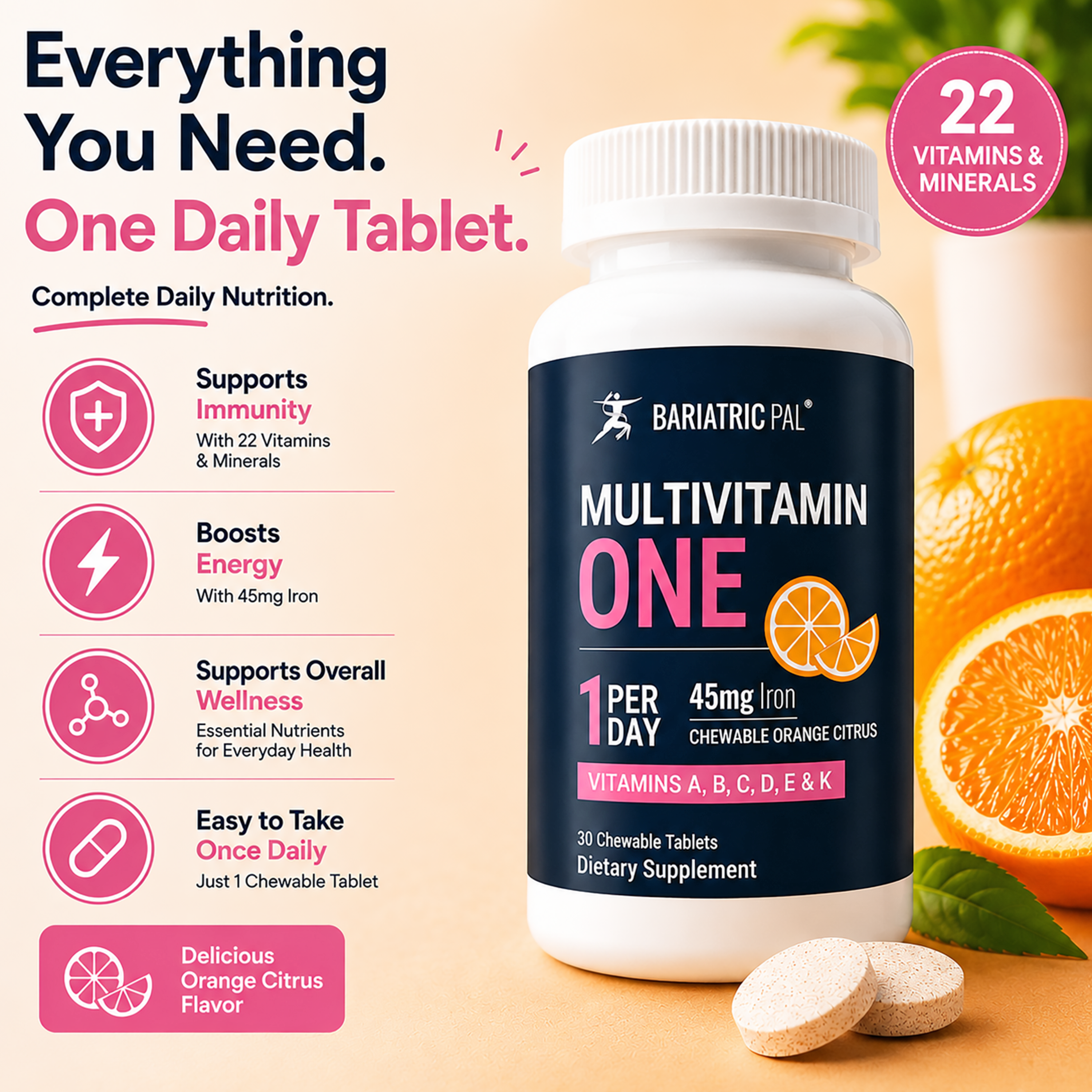 A bottle of Bariatric Pal Multivitamin One, featuring chewable orange citrus tablets, is displayed alongside fresh oranges, highlighting its benefits of daily nutrition and immune support.