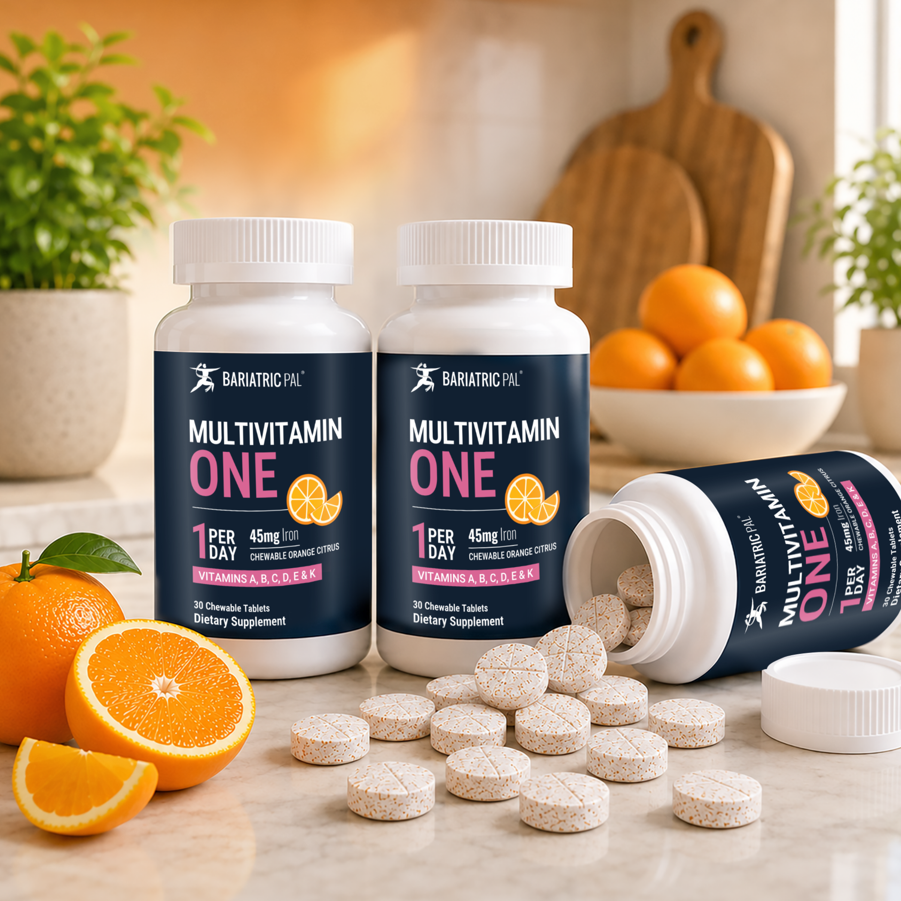 Two bottles of Bariatric Pal Multivitamin One sit on a kitchen counter, surrounded by fresh oranges and scattered chewable tablets, highlighting the product's citrus flavor and dietary benefits.