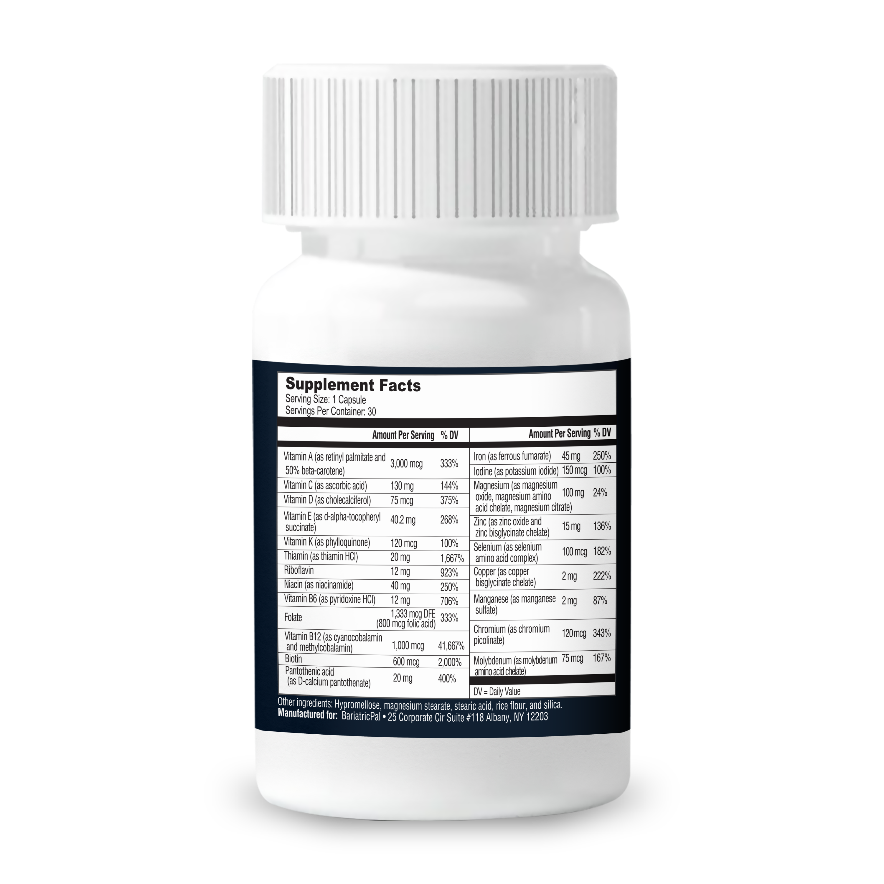 A white supplement bottle with a child-resistant cap displays detailed nutritional information, including vitamins and minerals, on a black label featuring the supplement facts.