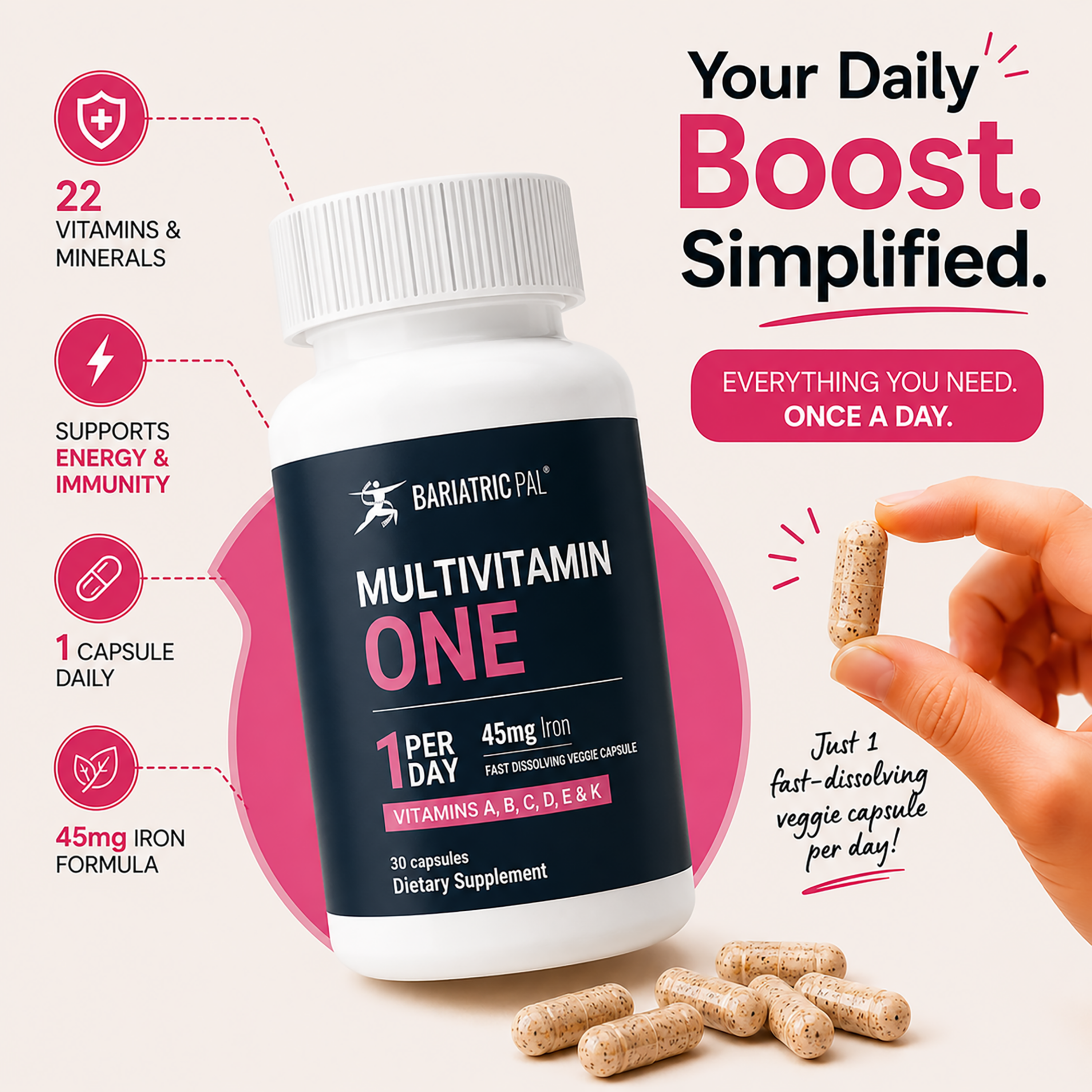 BariatricPal Multivitamin ONE 45 mg Iron Formula with 22 vitamins and minerals in one fast-dissolving capsule taken once daily.