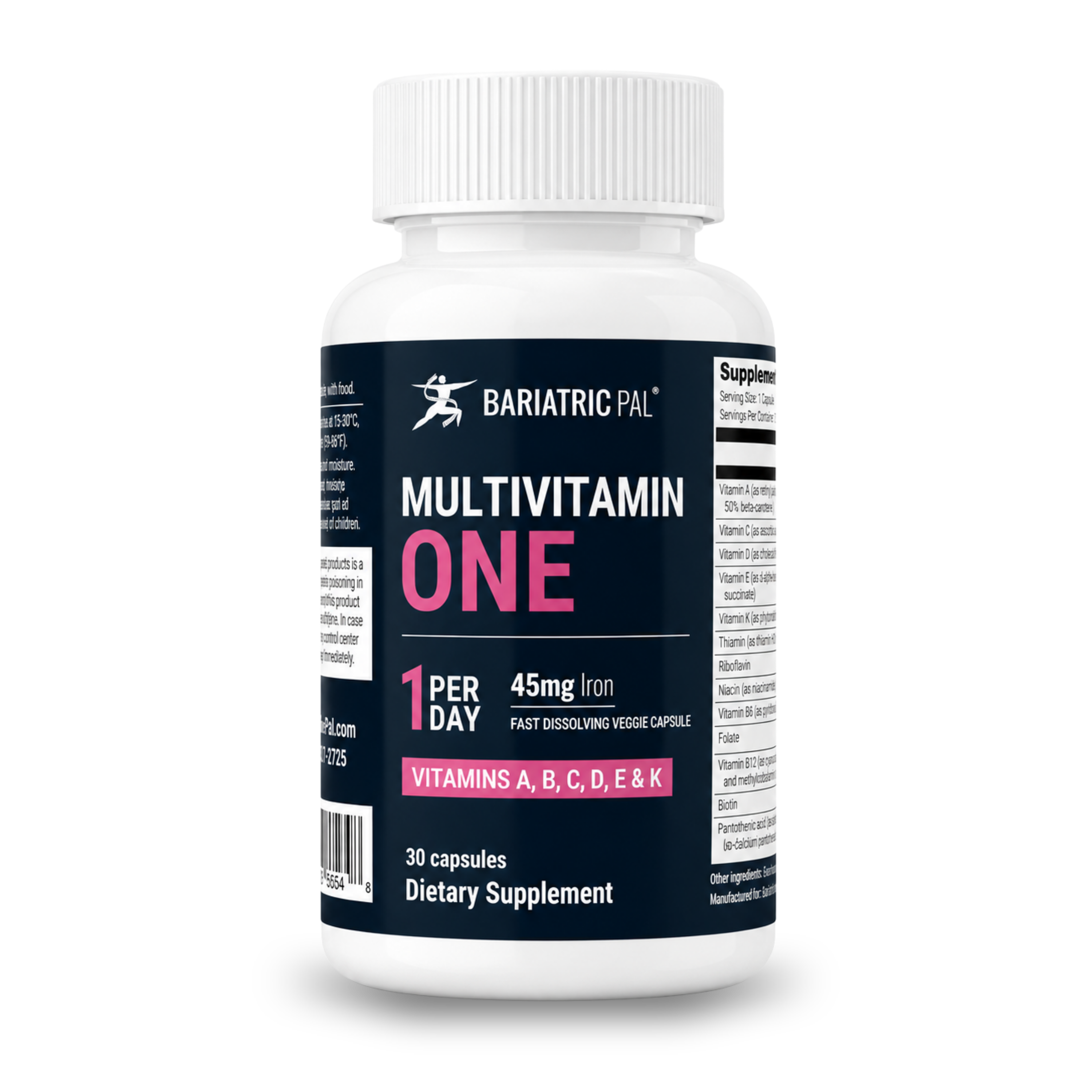 BariatricPal Multivitamin ONE fast‑dissolving veggie capsules with 45mg iron.