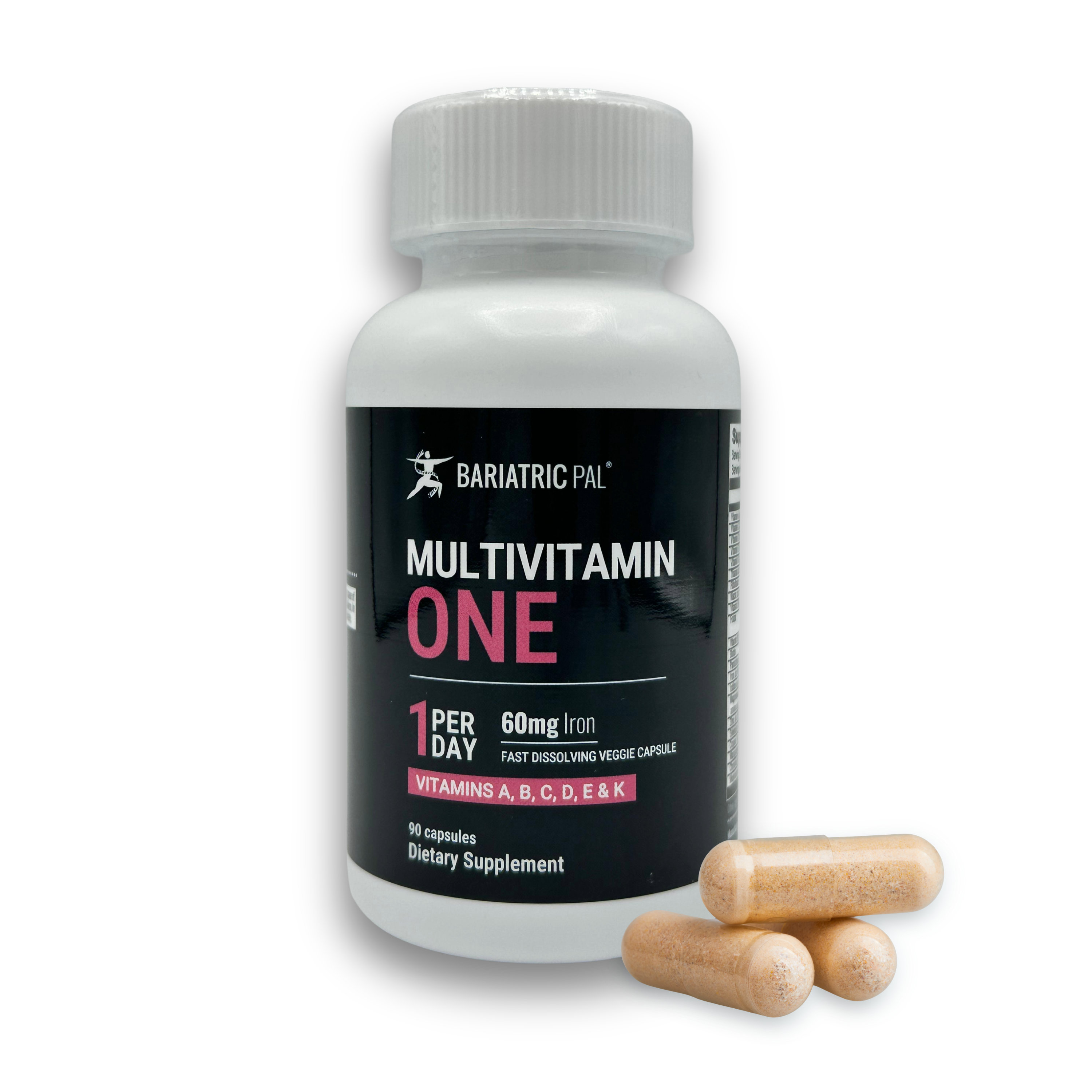 A white bottle labeled "Bariatric Pal Multivitamin One" contains 90 fast-dissolving veggie capsules, with three capsules displayed in front, emphasizing vitamins A, B, C, D, E, and K.