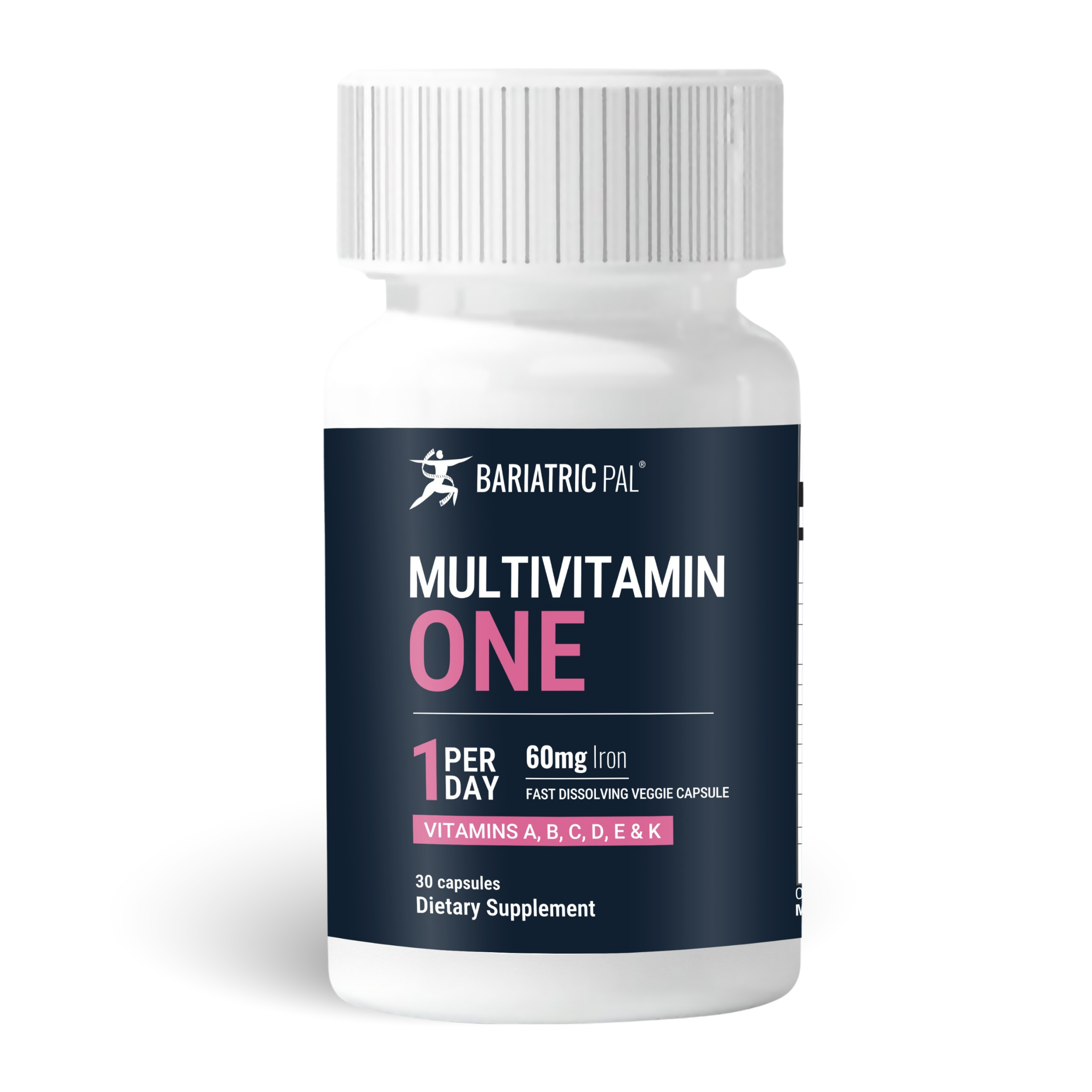 BariatricPal Multivitamin ONE fast‑dissolving veggie capsules with 60mg iron.
