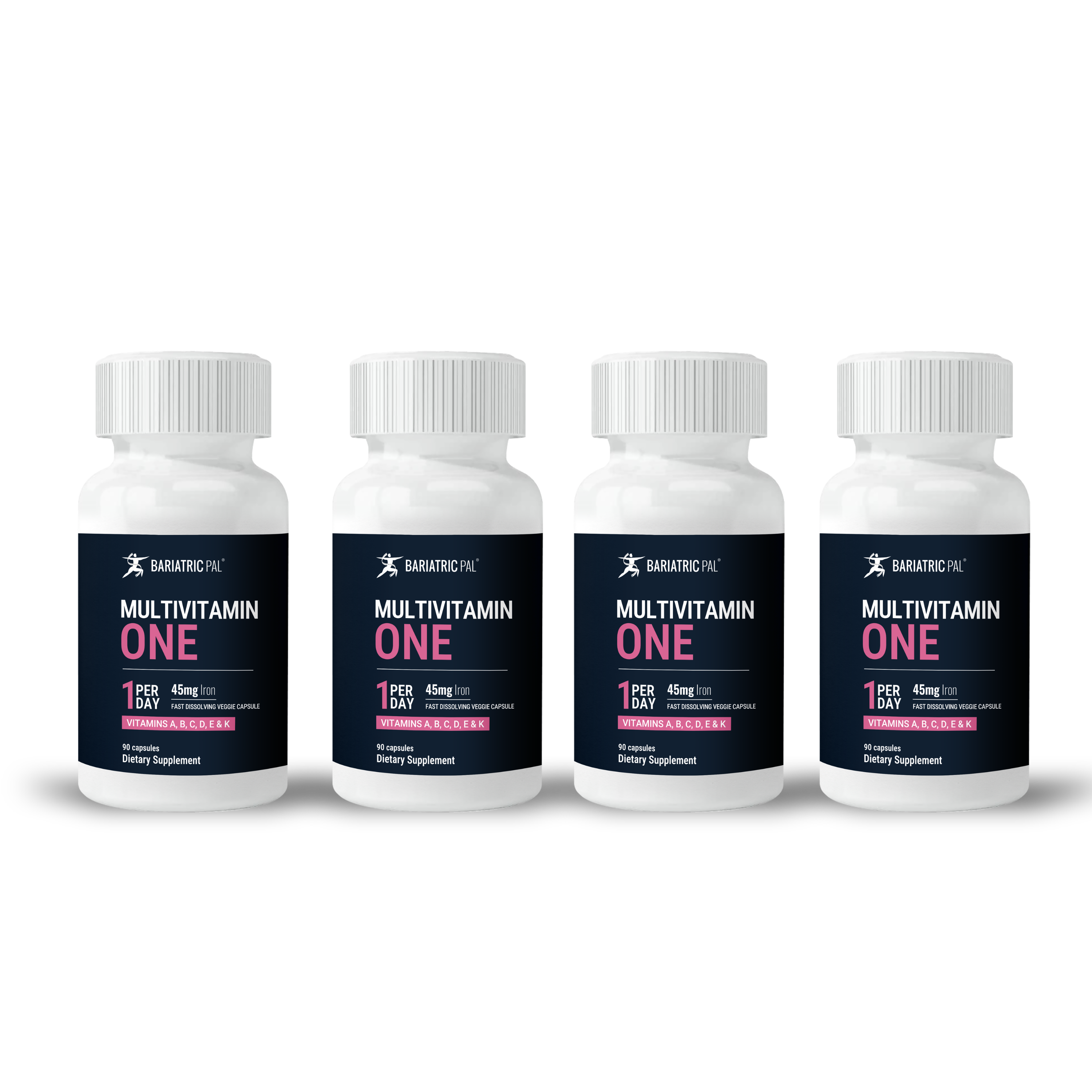 Four white bottles of Bariatric Pal Multivitamin One are displayed, each labeled with dosage instructions and containing dietary supplements designed for daily use.