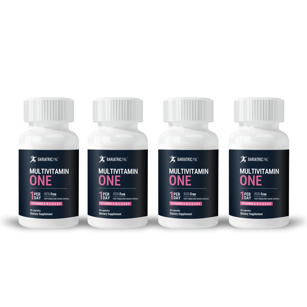 Four white bottles of Bariatric Pal Multivitamin One, labeled as iron-free dietary supplements, each containing 90 capsules and indicating a dosage of one capsule per day.