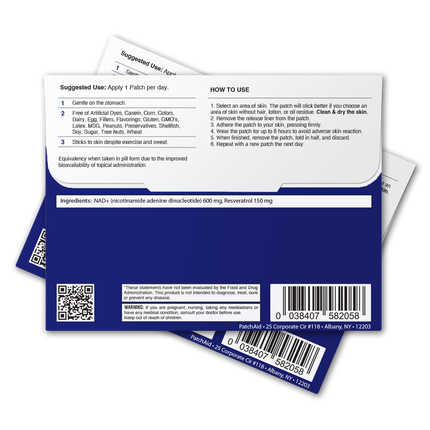 A blue product packaging with instructions for use and ingredients, featuring a suggested use of applying one patch daily, along with a QR code for additional information.