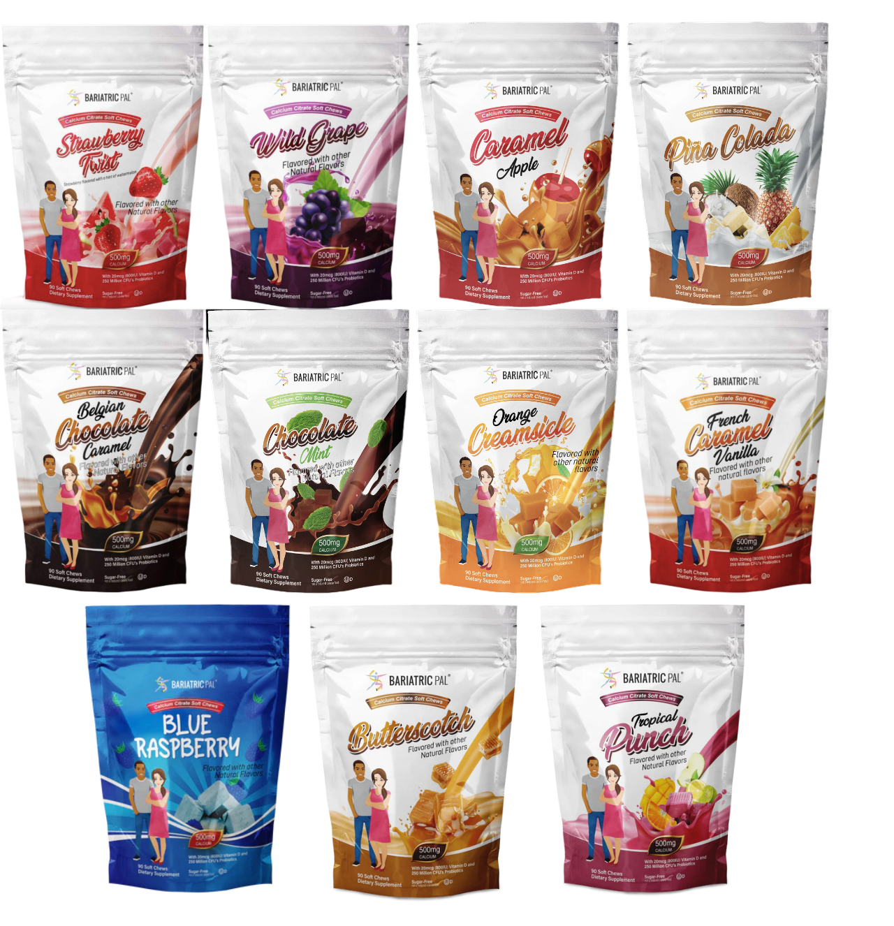BariatricPal Sugar-Free Calcium Citrate Soft Chews 500mg with Probiotics - All 11 Flavors Variety Pack