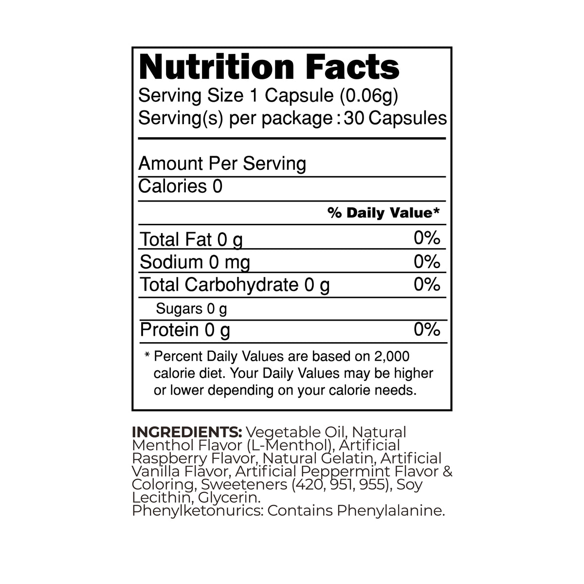 A nutrition facts label for a dietary supplement capsule, detailing serving size, calories, fat, sodium, carbohydrates, protein, and ingredients including vegetable oil and various flavors.