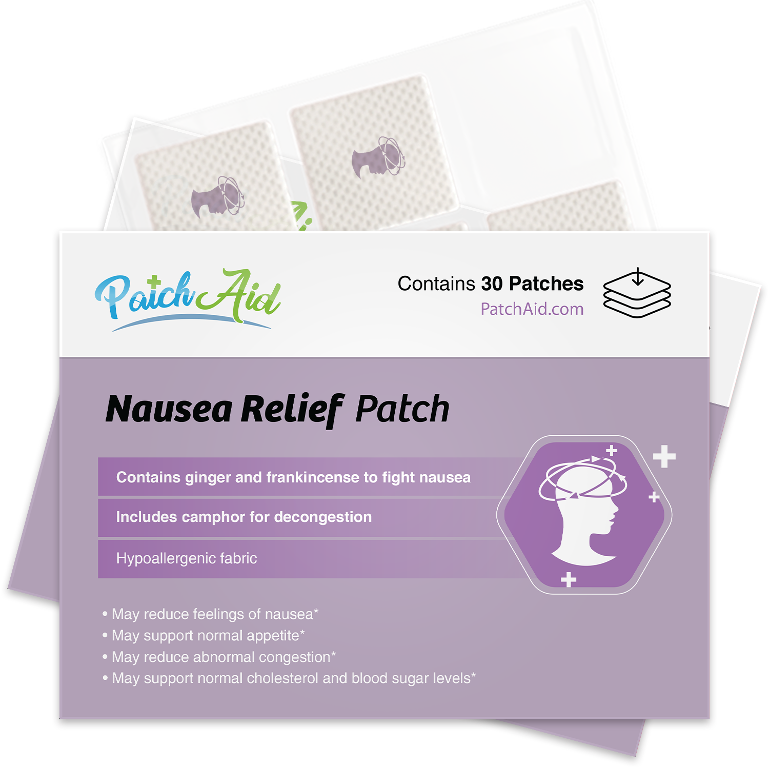 A box of PatchAid Nausea Relief Patches displays the product name and benefits, highlighting ingredients like ginger and frankincense, with a graphic of a head experiencing nausea relief.