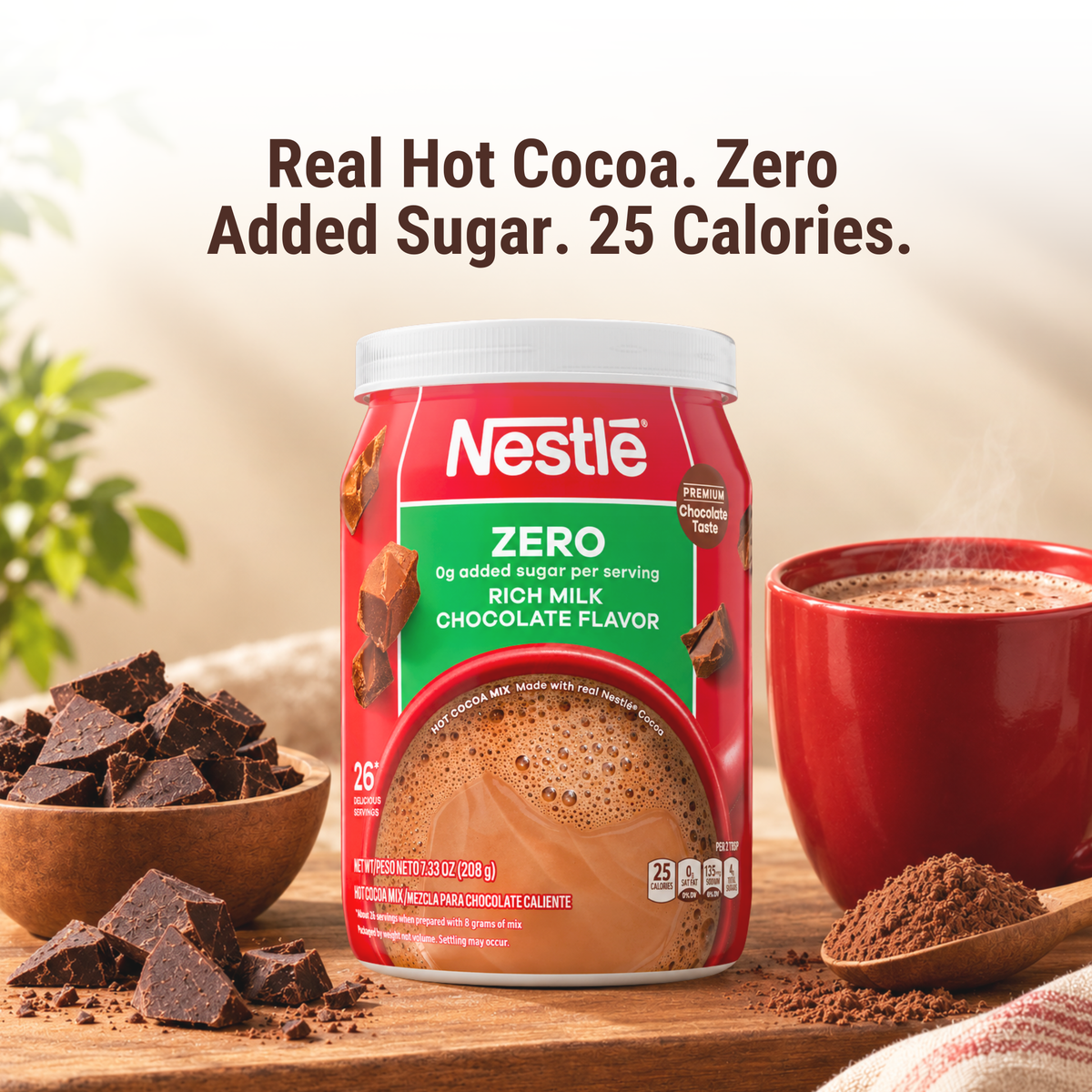 Nestlé Zero Added Sugar Rich Milk Chocolate Hot Cocoa Mix with creamy chocolate flavor and 0 grams of added sugar per serving.