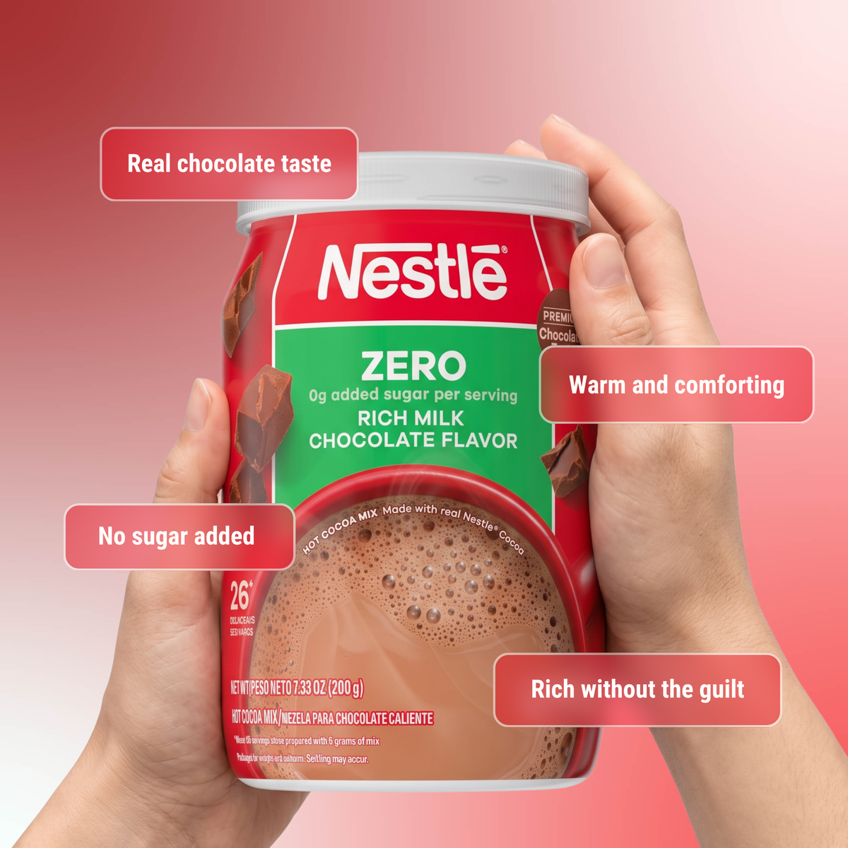 Nestlé Zero Added Sugar Rich Milk Chocolate Hot Cocoa Mix with creamy chocolate flavor and 0 grams of added sugar per serving.
