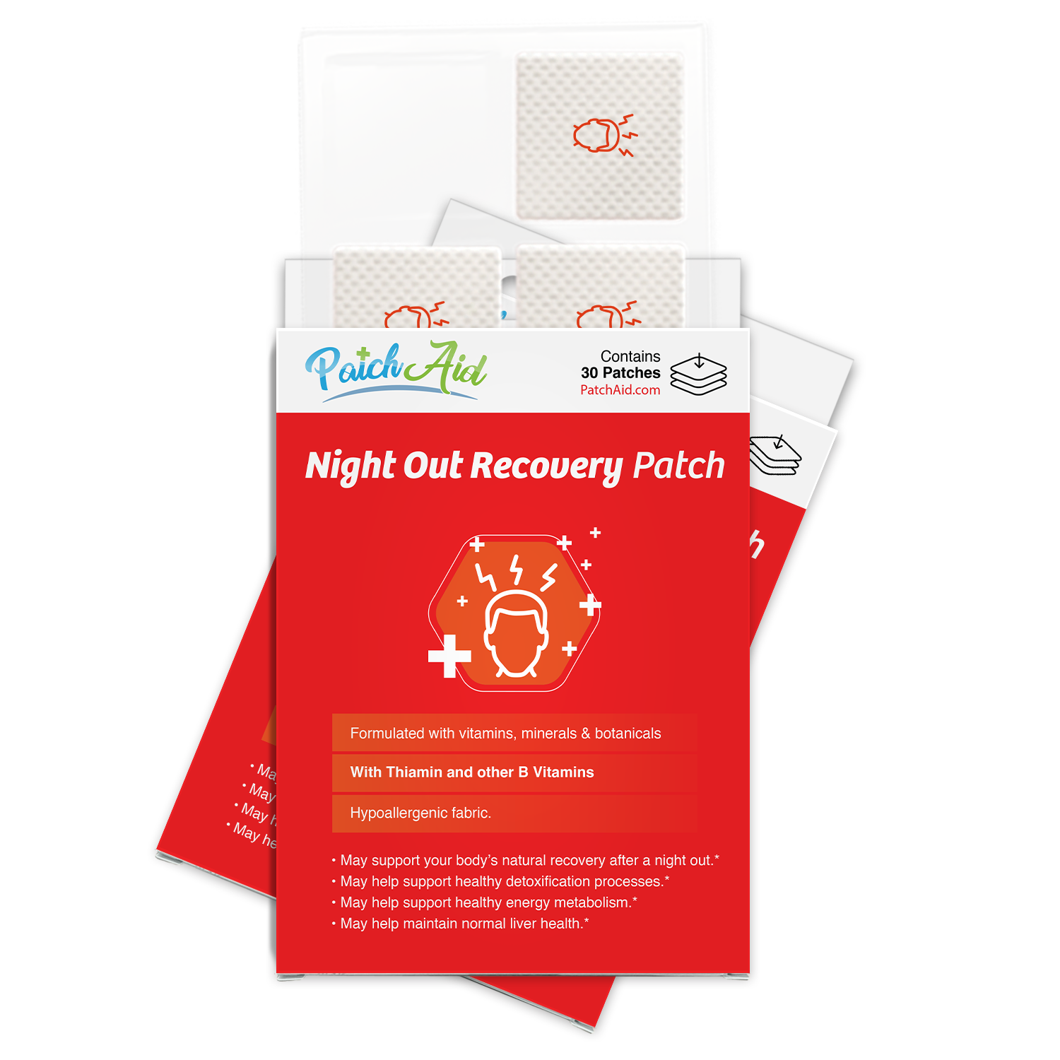 A package of "Night Out Recovery Patches" from PatchAid, featuring a red design with health-related icons and text highlighting benefits, sits prominently with several patches visible inside.