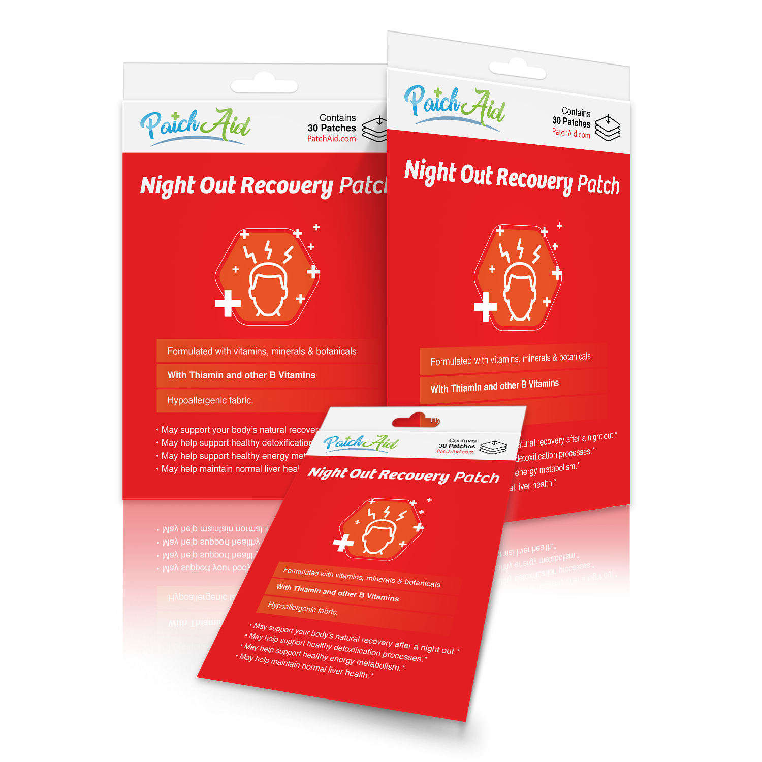 Three packages of "Night Out Recovery Patch" from PatchAid, featuring a red background with illustrations of a head and health icons, highlight benefits like detoxification and energy support.