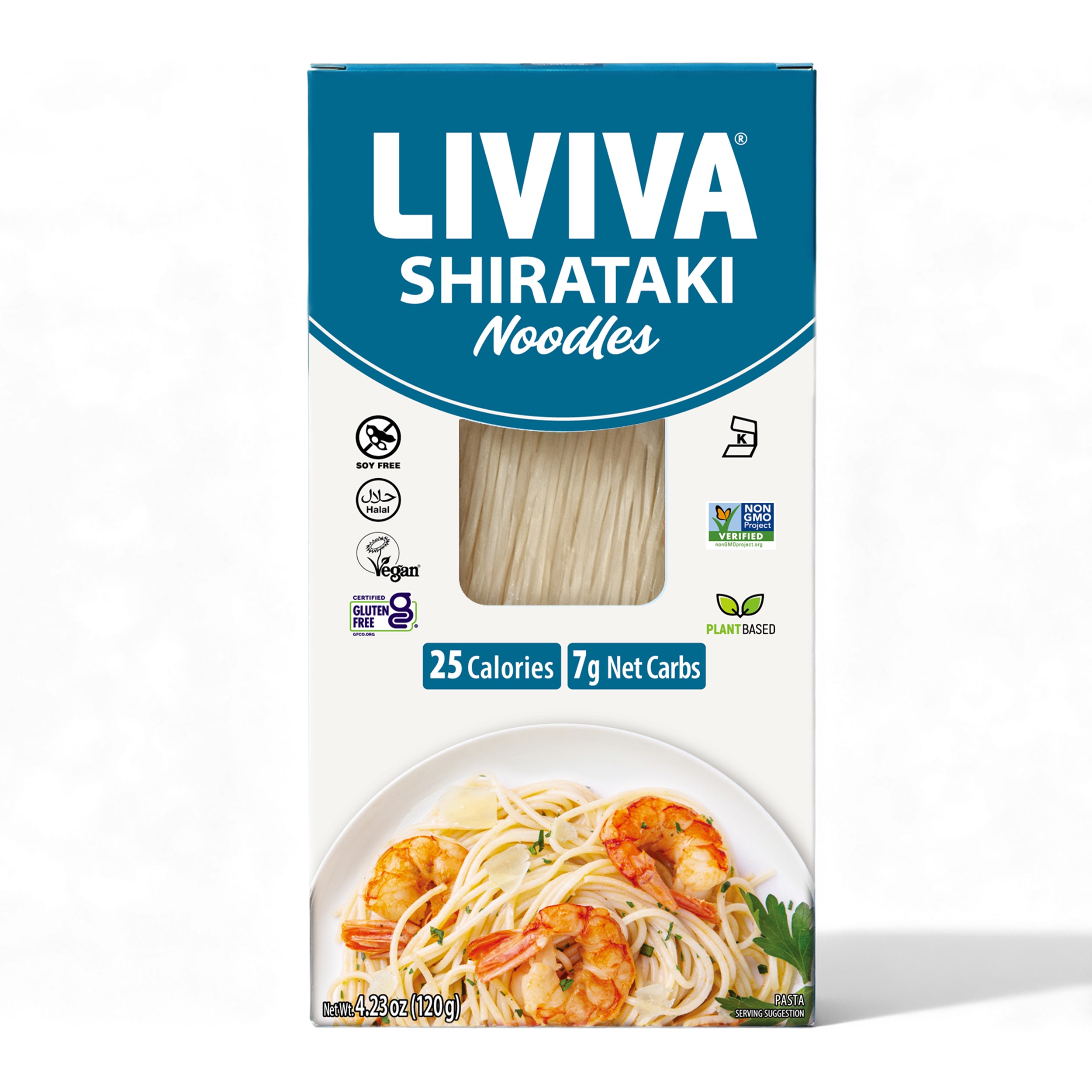 A blue and white box of Liviva Shirataki Noodles displays a clear window showing the noodles inside, with nutrition information highlighting 25 calories and 7 net carbs, set against a white background.