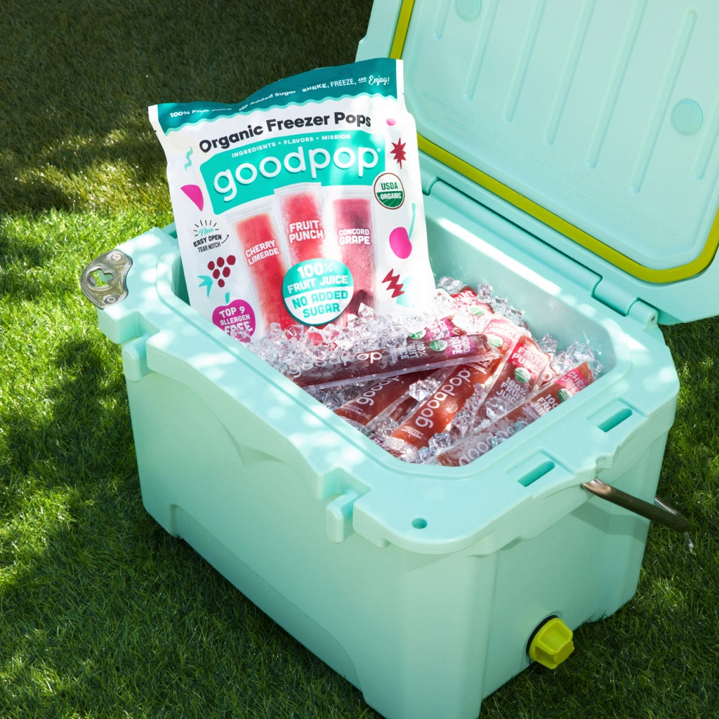 A light blue cooler filled with ice contains a package of Goodpop organic freezer pops and several individual pops, set on green grass in a bright outdoor setting.