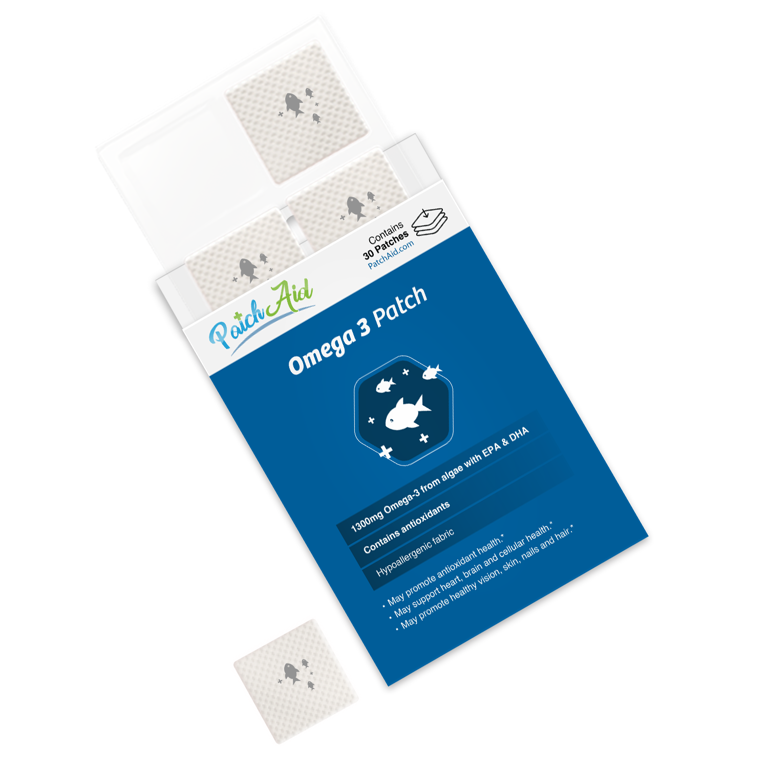 A box of Omega 3 patches is displayed, featuring a blue background with fish graphics, showing one patch partially out of the box, highlighting its health benefits and hypoallergenic fabric.