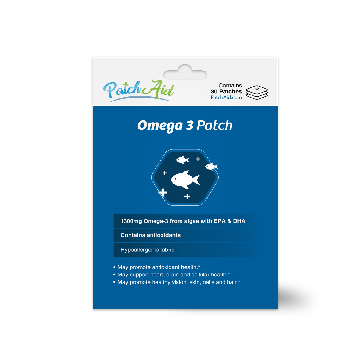 A blue packaging for Omega 3 patches features fish graphics, highlights 1300mg of Omega-3 from algae, and lists benefits for health, including support for heart, brain, and skin.