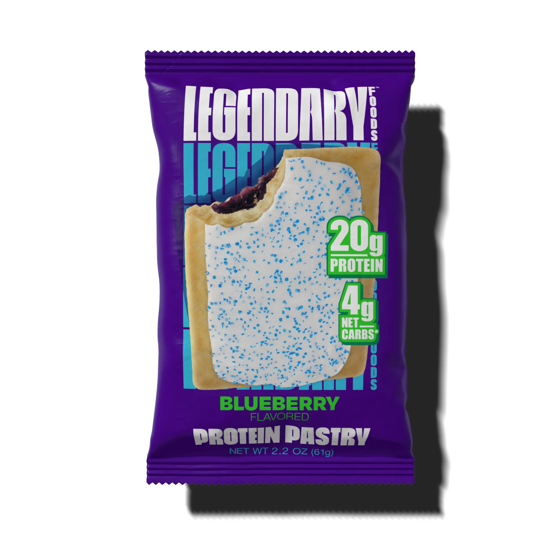 A blueberry-flavored protein pastry is displayed in a purple package, featuring a frosted pastry with blue sprinkles and text highlighting 20g of protein and 4g of net carbs.
