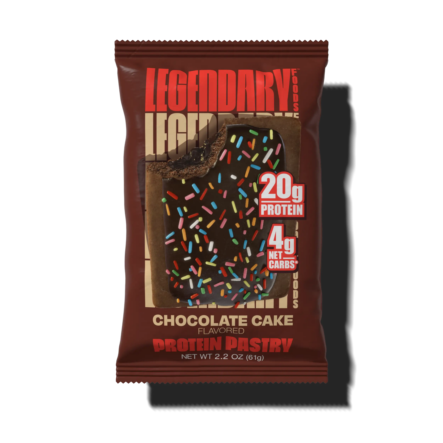 A chocolate cake-flavored protein pastry package features a partially bitten bar topped with colorful sprinkles, highlighting 20g of protein and 4g of net carbs.