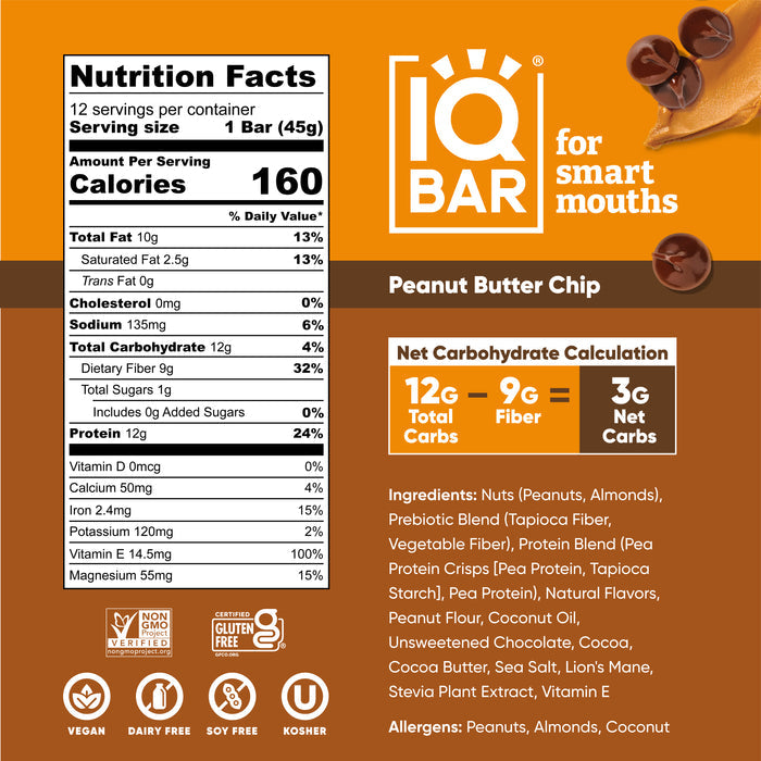 IQBar Vegan and Keto Protein Bars - Peanut Butter Chip - High-quality Protein Bars by IQBar at BariatricPal Store