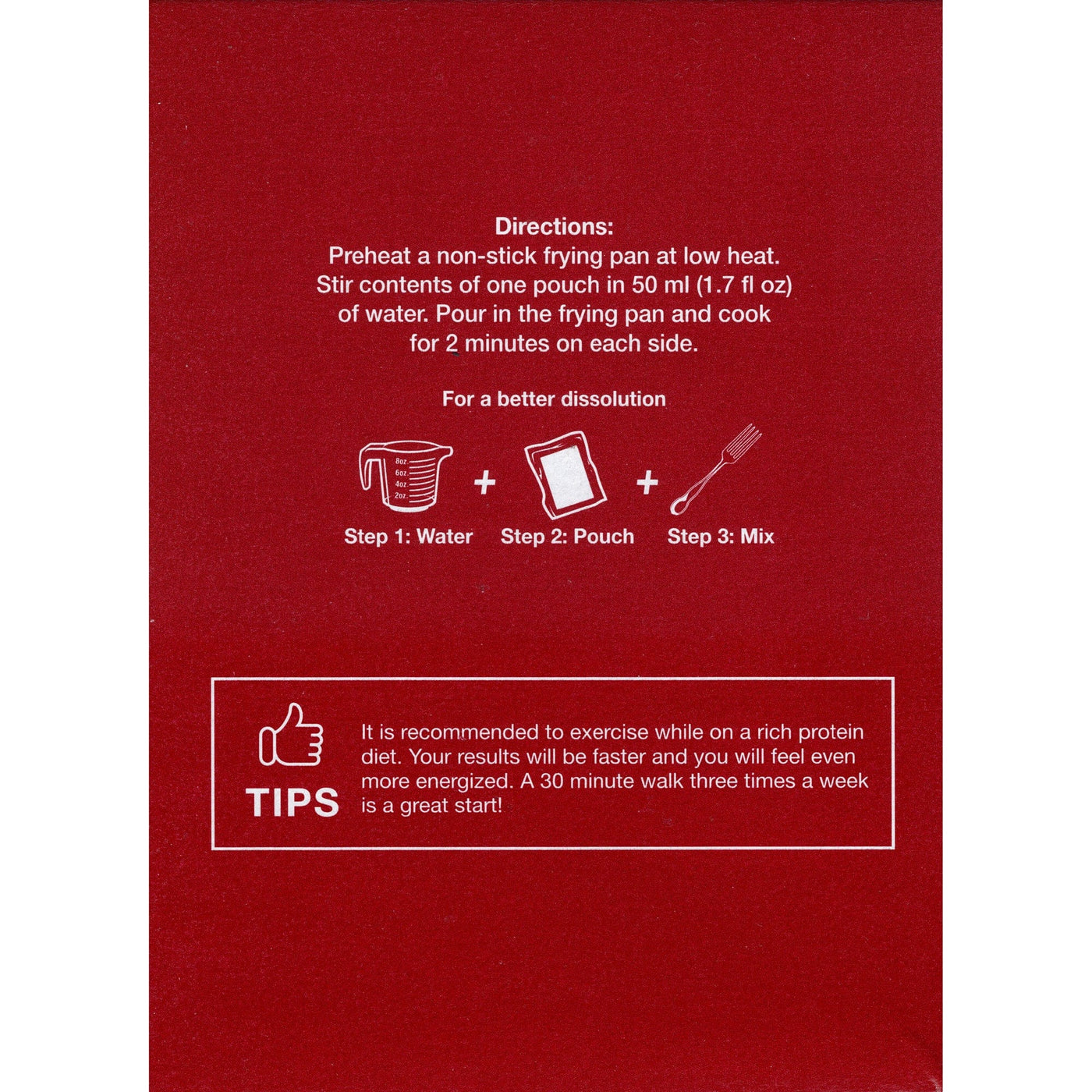 A red instructional card outlines cooking directions for a non-stick frying pan, detailing steps to prepare a pouch contents with water, and includes tips for exercise while on a protein diet.