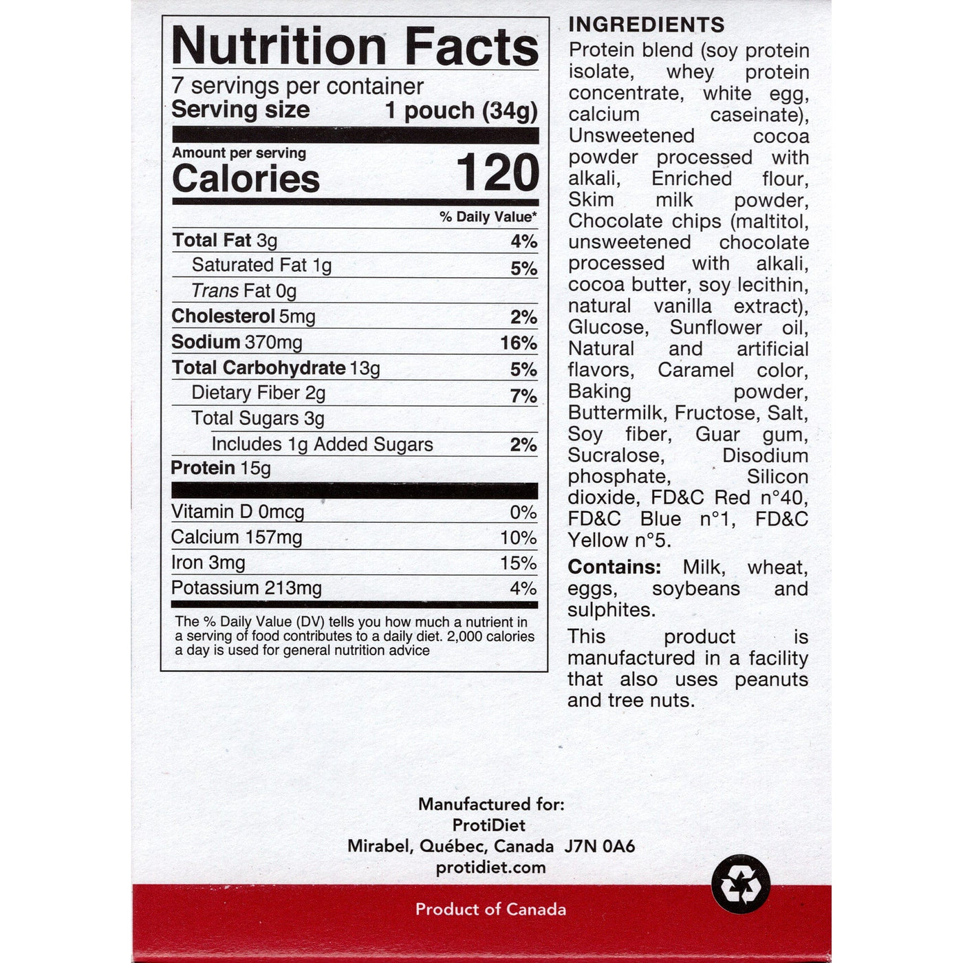 Nutrition facts label for a protein product, detailing serving size, calories, ingredients, and nutritional values, including protein, fat, and carbohydrate content, with allergen warnings.