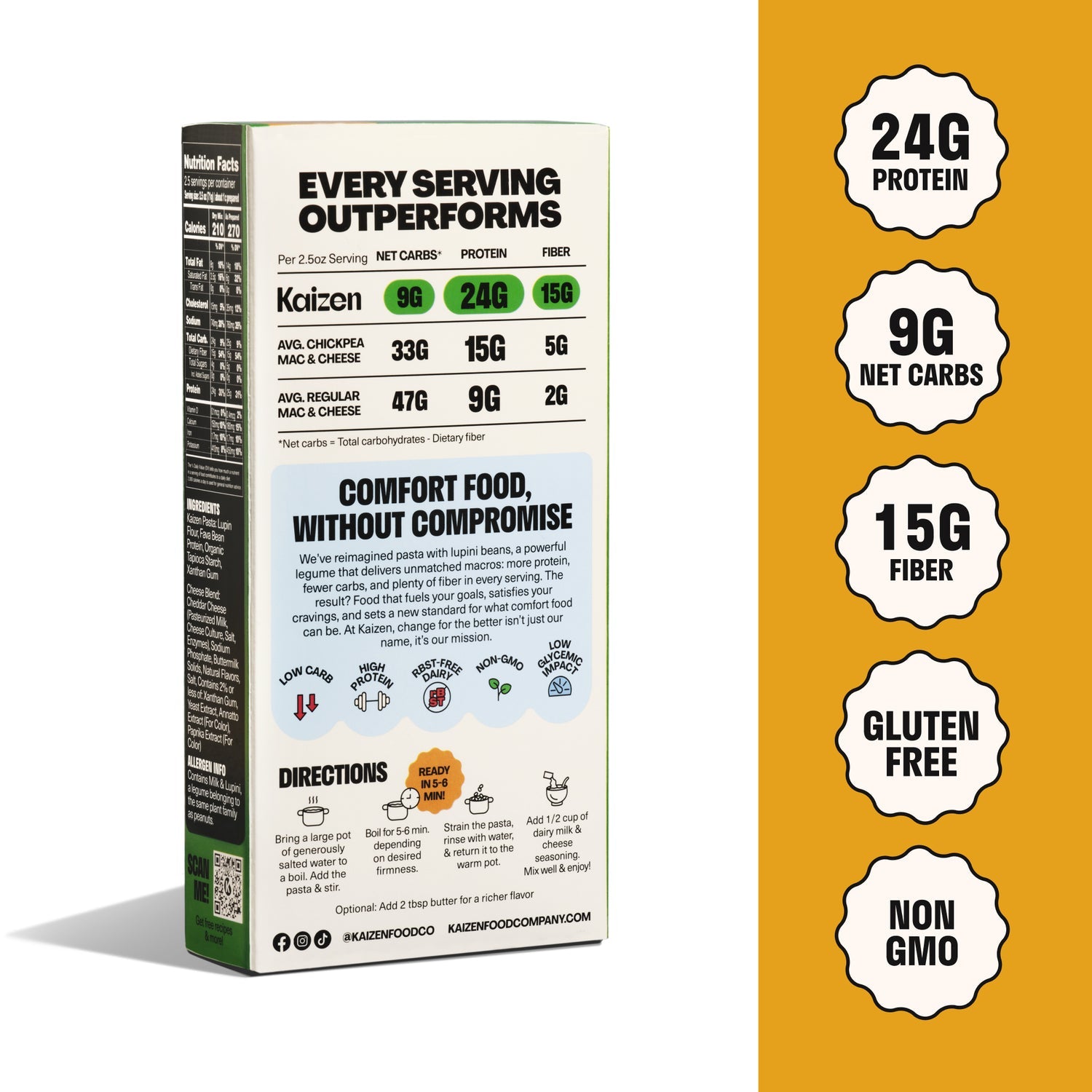 A box of Kaizen pasta featuring nutritional information, highlighting 24g of protein, 9g of net carbs, and 15g of fiber, with a tagline promoting comfort food without compromise.