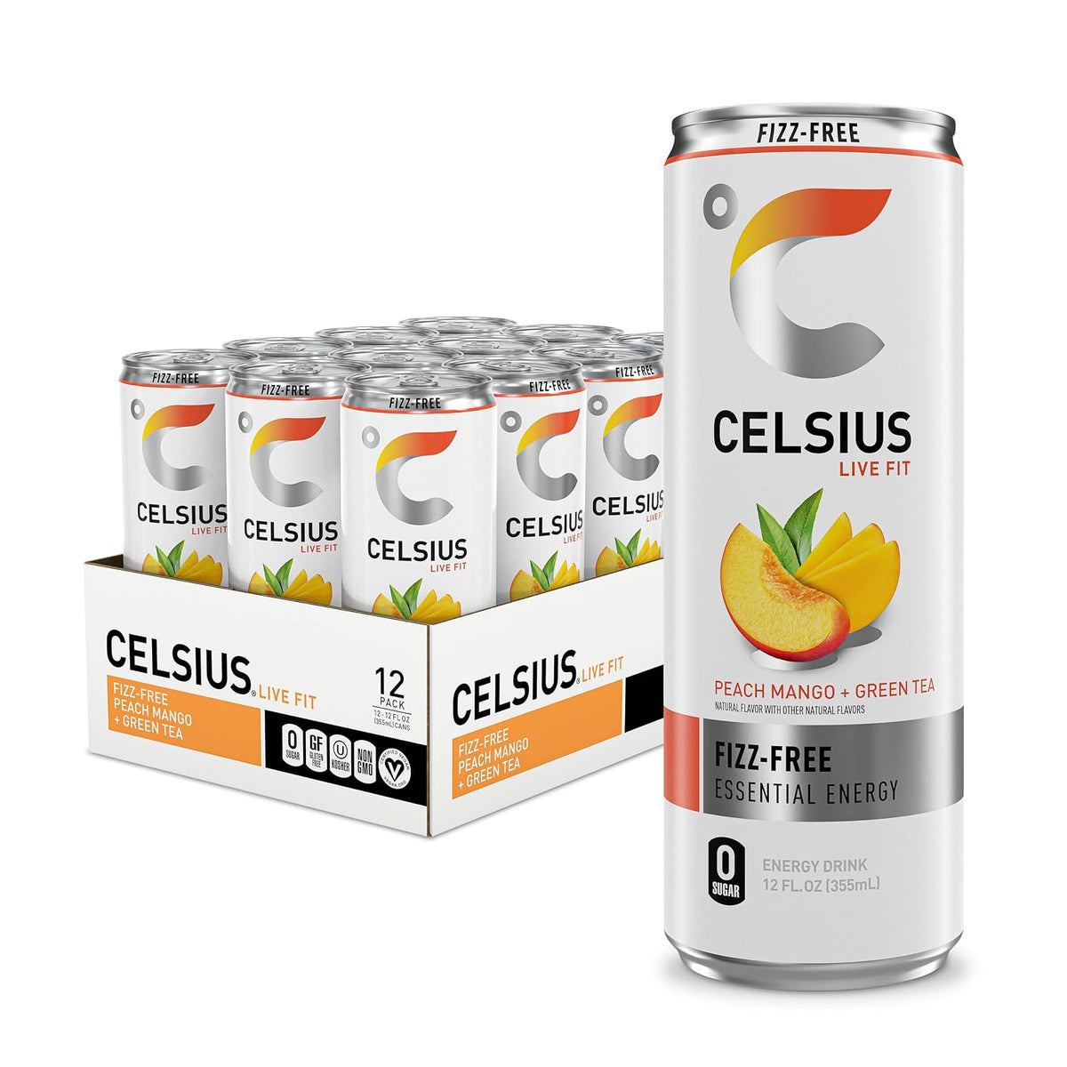 Celsius Energy Drink, Peach Mango Green Tea, Non Carbonated, 12 fl oz. / 12 pk