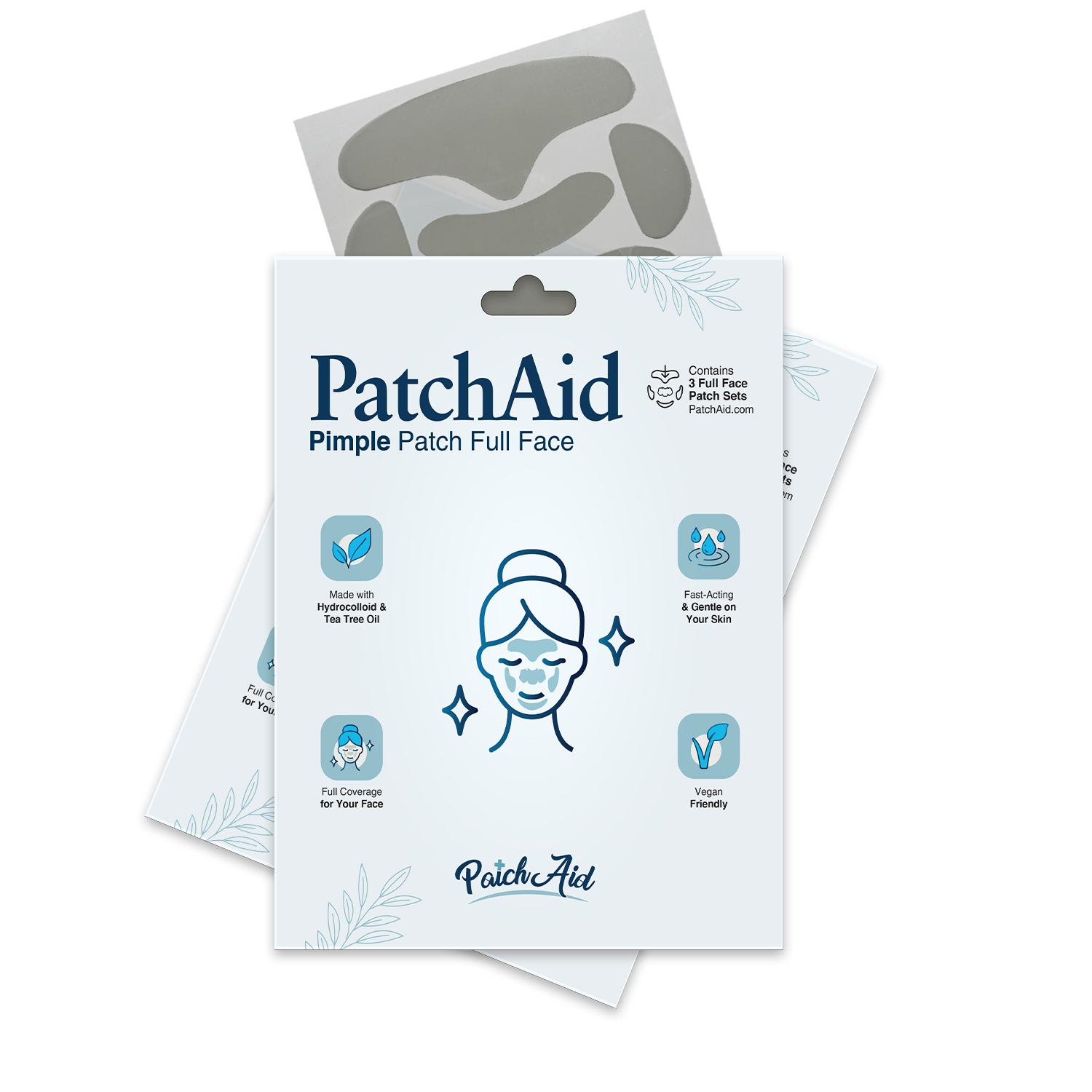 A package of PatchAid Pimple Patch Full Face displays illustrations of a smiling face and product benefits, set against a dark background with additional patches visible behind it.