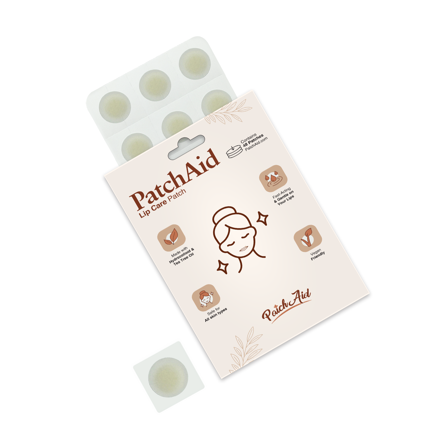 A package of PatchAid Lip Care Patches displays a woman with glowing skin, highlighting benefits like hydration and suitability for all skin types, alongside a single patch on a white background.