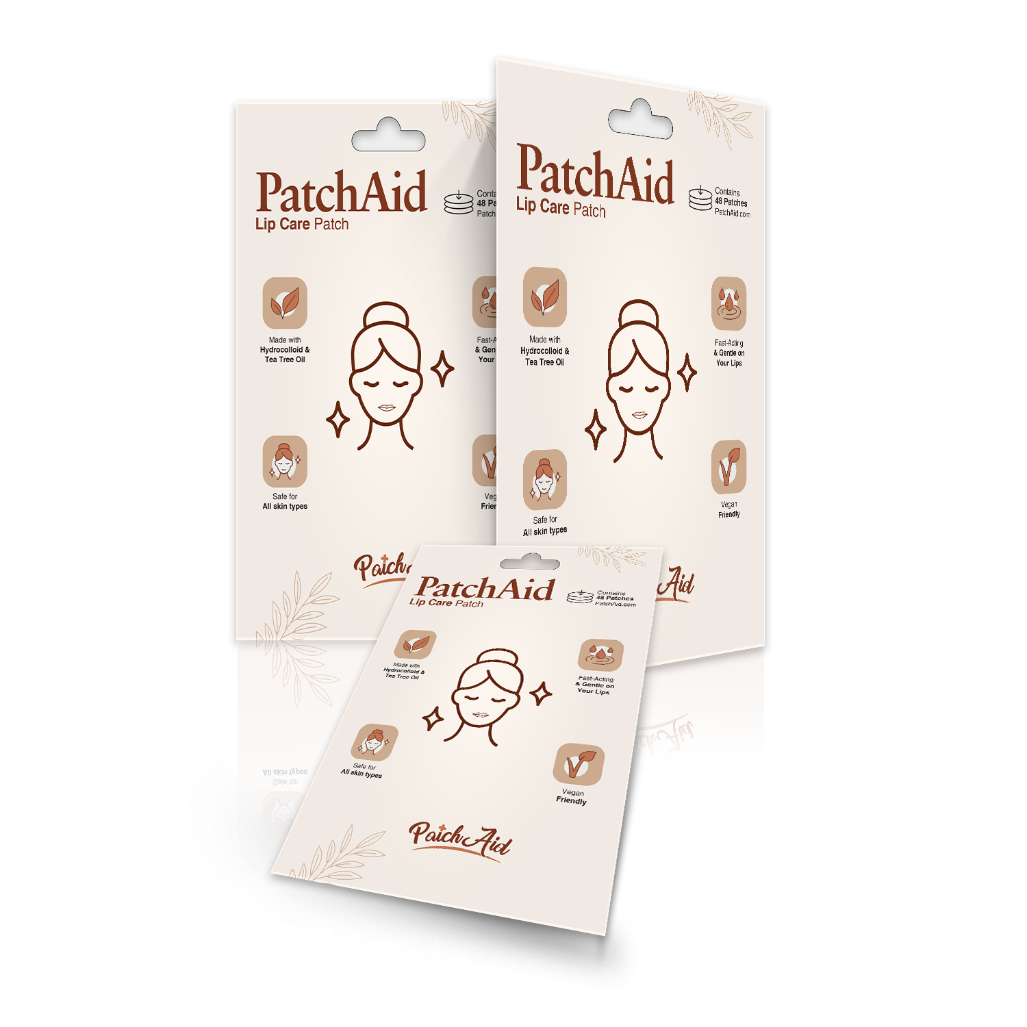 Three packages of PatchAid Lip Care Patches are displayed, featuring a simple design with icons and text highlighting benefits like hydration and safety for all skin types.