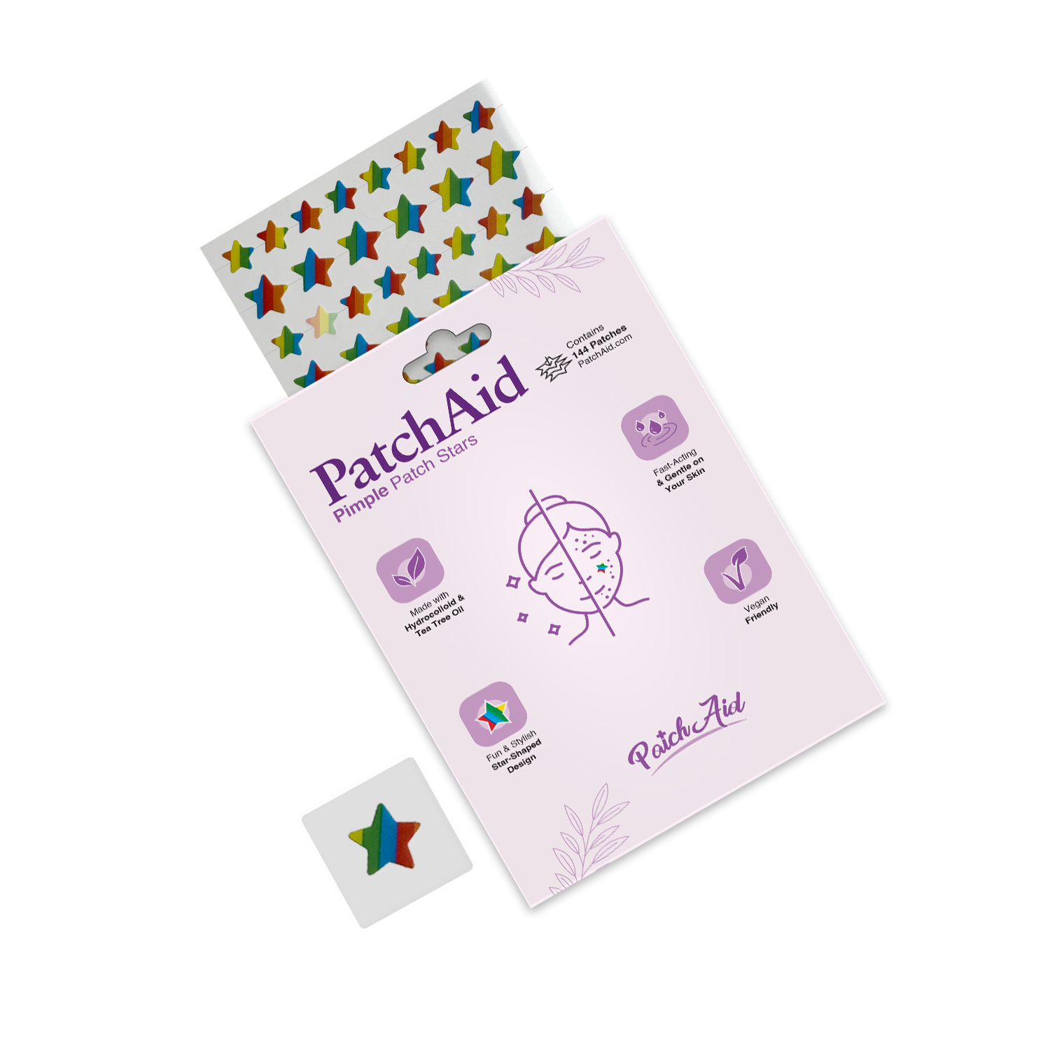 Pimple Patch Stars – 144 Multicolored Hydrocolloid Patches in 2 Sizes with Tea Tree Oil