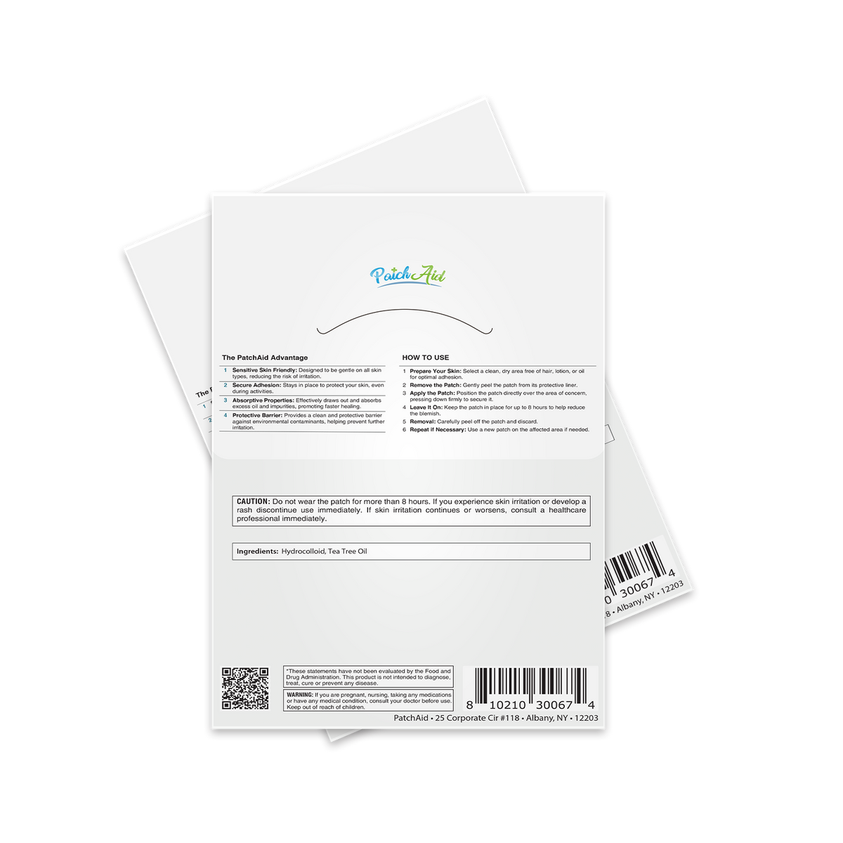 The image shows the back of a PatchAid product packaging, featuring instructions for use, ingredients, and safety warnings, with a clean design and a focus on skincare benefits.