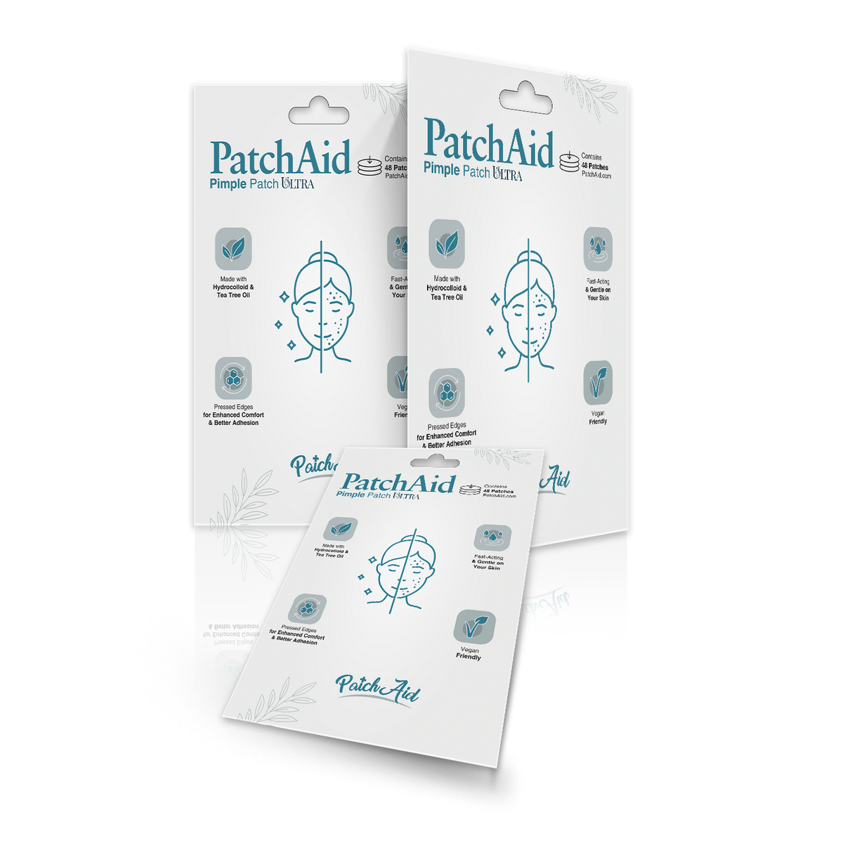 Three packages of PatchAid Pimple Patch Ultra are displayed, featuring illustrations of a face with acne and icons highlighting benefits like hydrocolloid and tea tree oil for skin care.