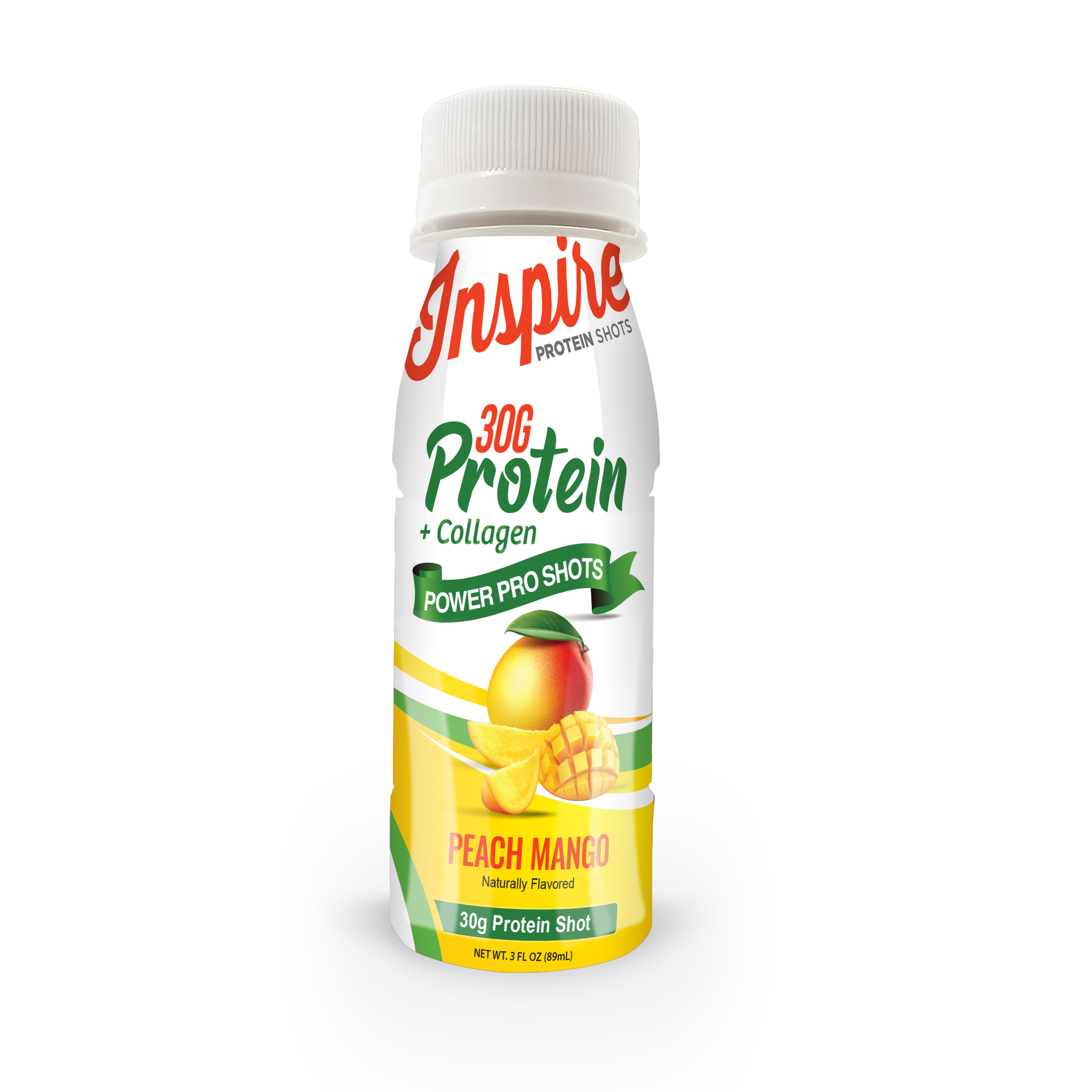 A bottle of Inspire Protein Shot featuring a peach mango flavor, labeled with "30g Protein + Collagen" and colorful graphics, stands against a plain background.