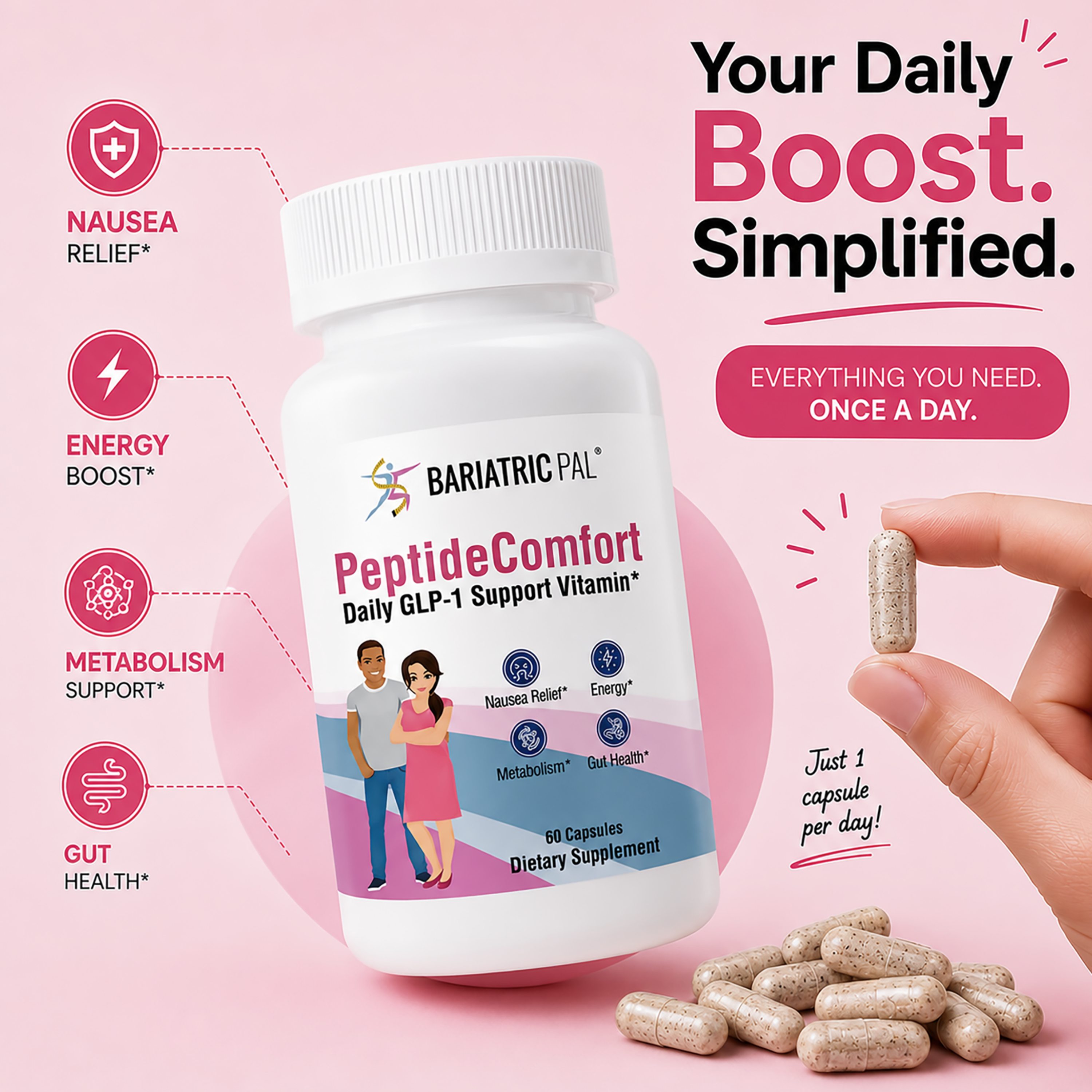 A hand holds a capsule near a bottle labeled "PeptideComfort" featuring two people, highlighting benefits like nausea relief and energy boost, with a pink background emphasizing daily health support.