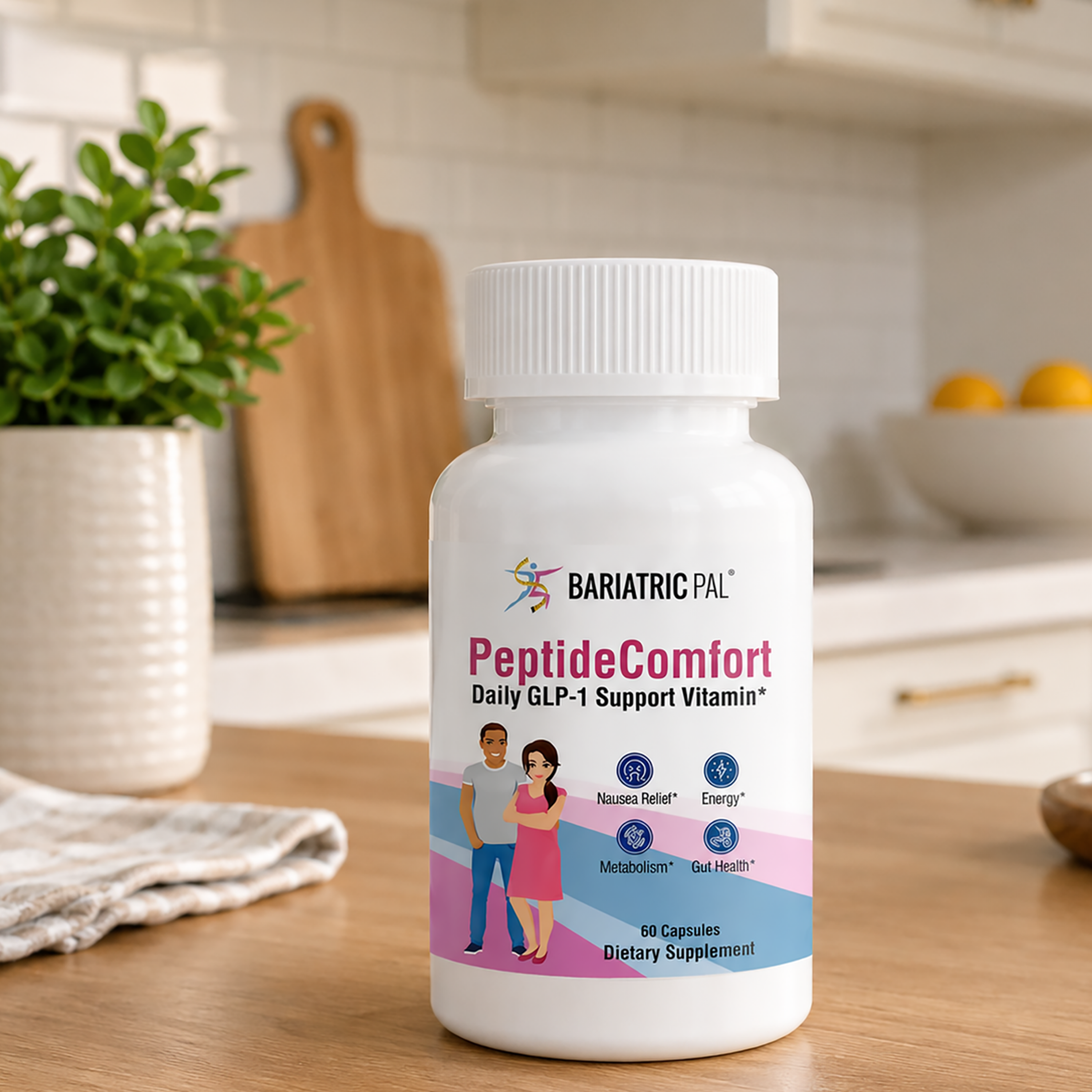 BariatricPal PeptideComfort Daily GLP-1 Support Vitamin supports nausea relief, steady energy, metabolism and gut health. Take one capsule daily; 60-count bottle.