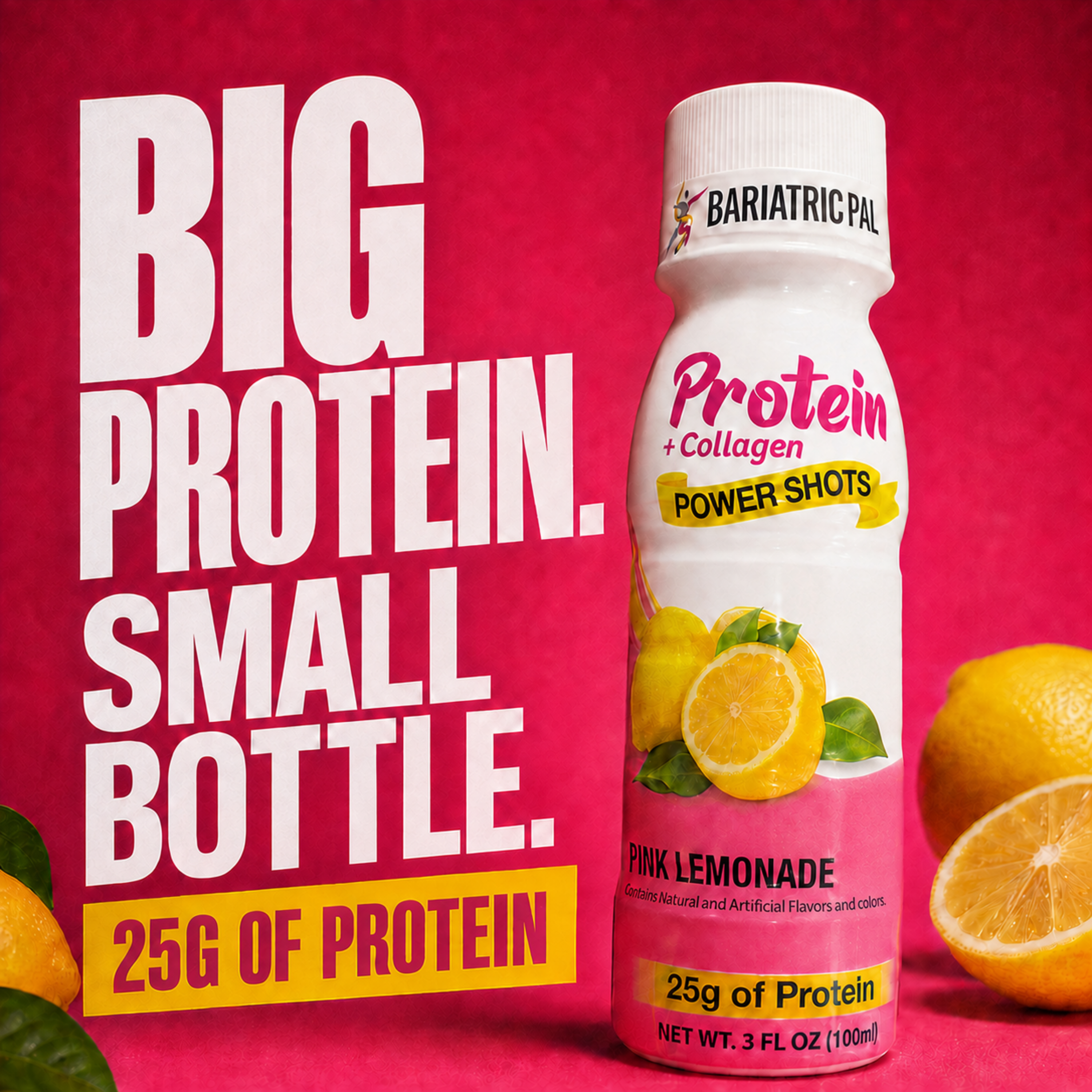 BariatricPal Pink Lemonade Protein + Collagen Power Shot with 25 grams of protein in a 3-fluid-ounce bottle.