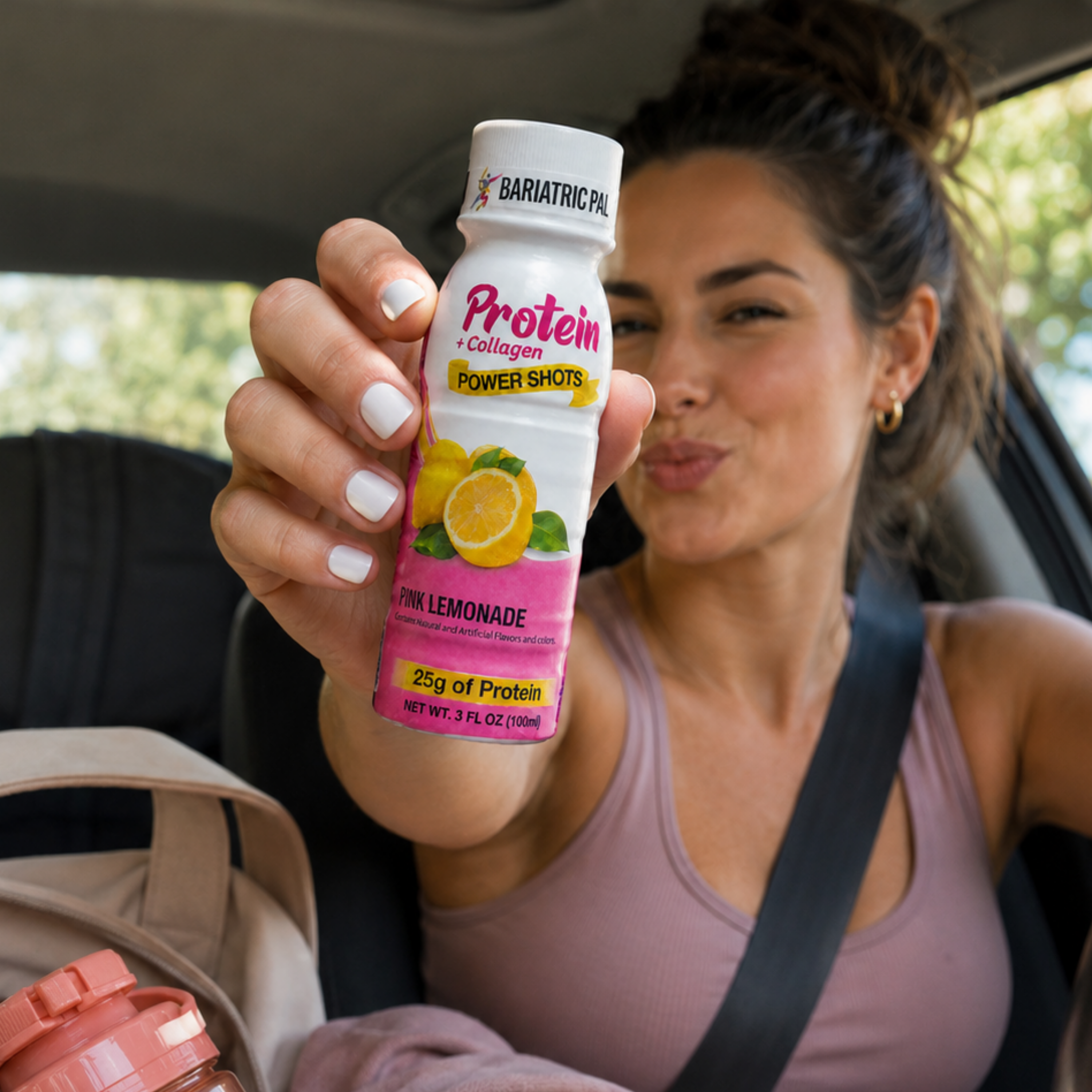 BariatricPal Pink Lemonade Protein + Collagen Power Shot with 25 grams of protein in a 3-fluid-ounce bottle.