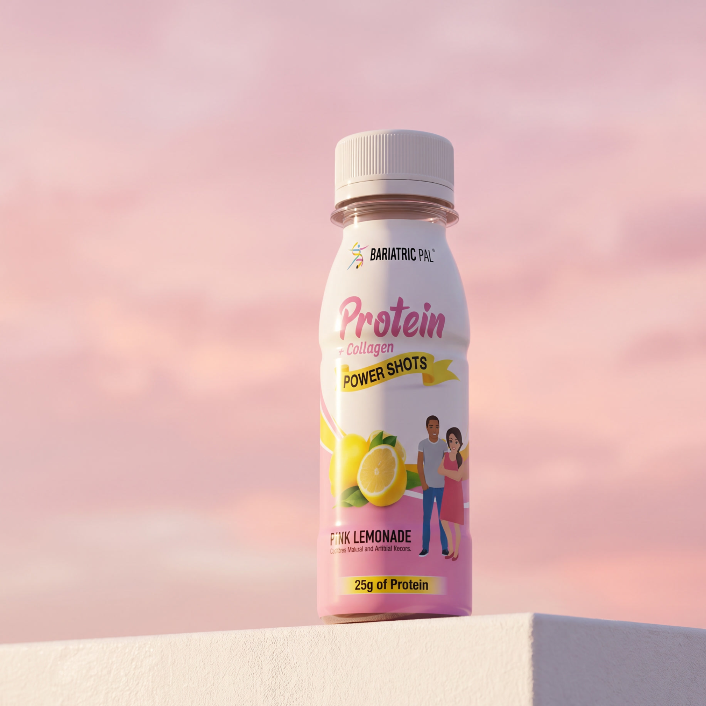 BariatricPal Pink Lemonade Protein + Collagen Power Shot with 25 grams of protein in a 3-fluid-ounce bottle.