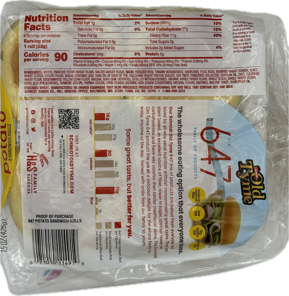 Schmidt / Old Tyme 647 Potato Sandwich Roll, 8 rolls