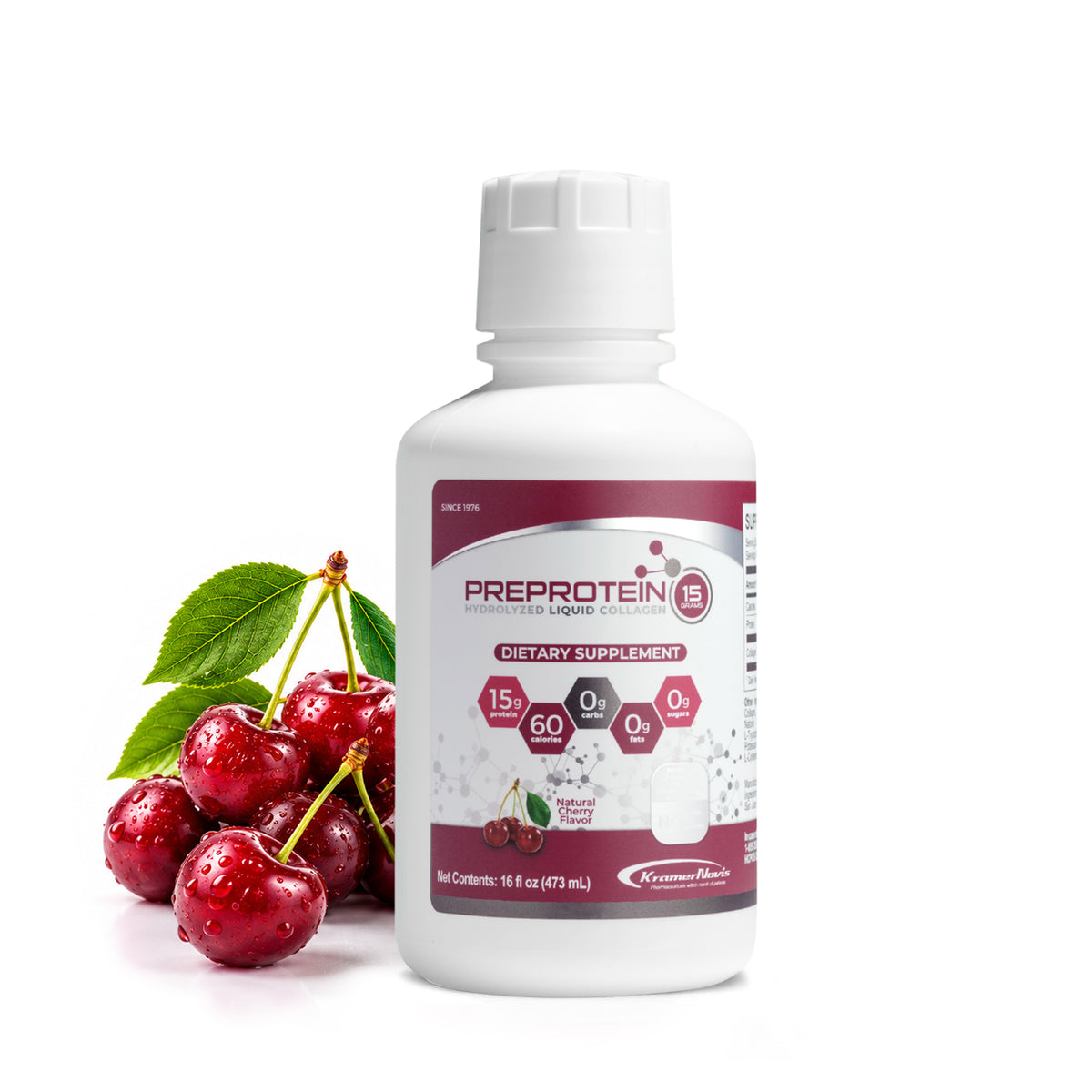 A white bottle of Preprotein hydrolyzed liquid collagen dietary supplement is shown next to fresh cherries and green leaves, highlighting its natural cherry flavor and nutritional information.