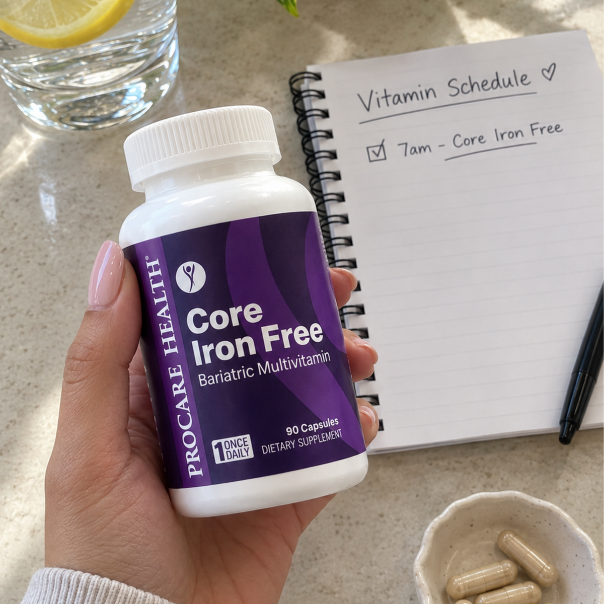 ProCare Health Core Iron Free Bariatric Multivitamin. One capsule daily, 30-count bottle.