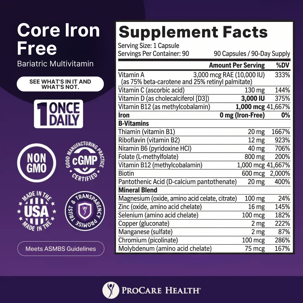 A purple and white supplement facts label for a bariatric multivitamin, highlighting ingredients like vitamins A, C, D, B12, and minerals, with a note that it is iron-free and made in the USA.