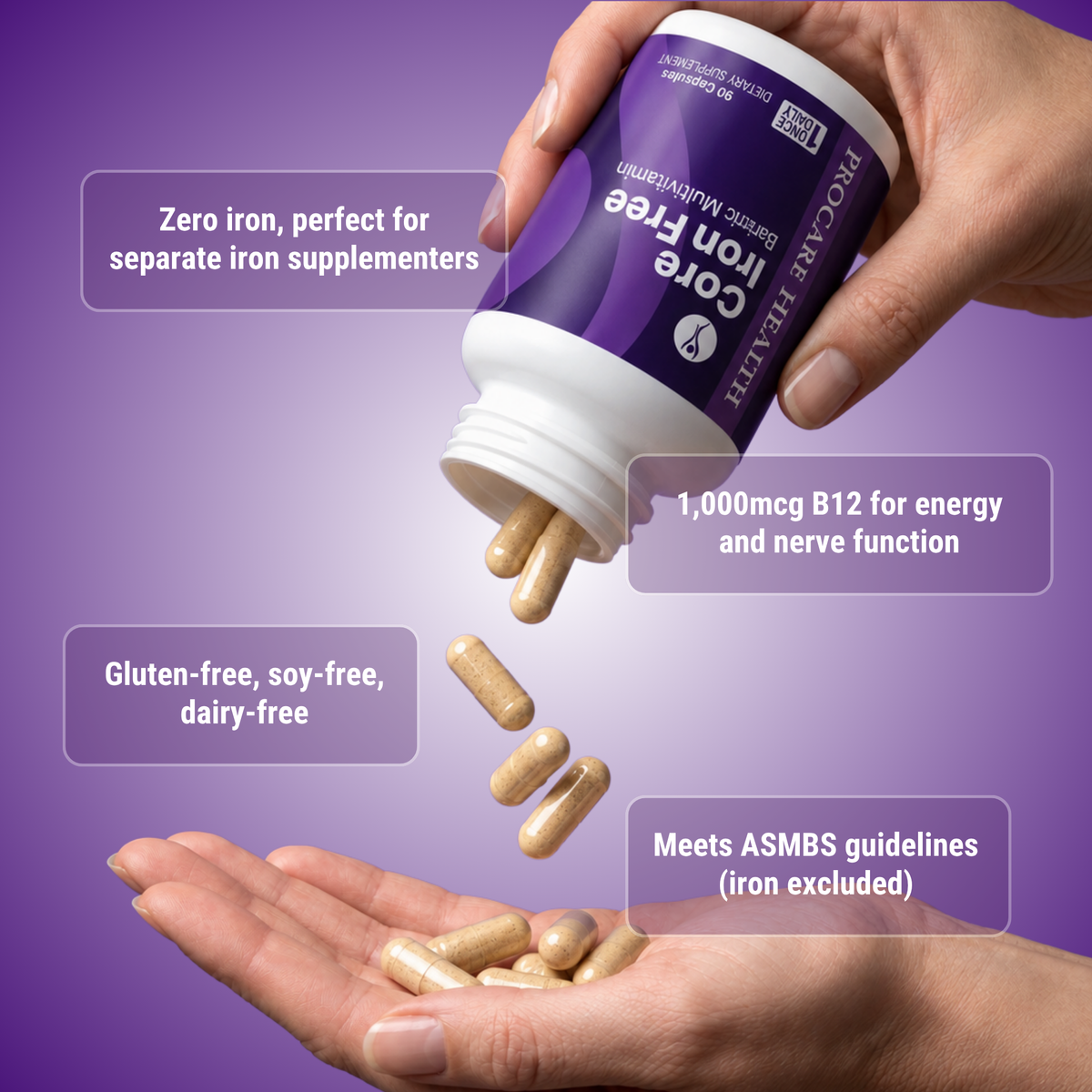 ProCare Health Core Iron Free Bariatric Multivitamin. One capsule daily, 30-count bottle.