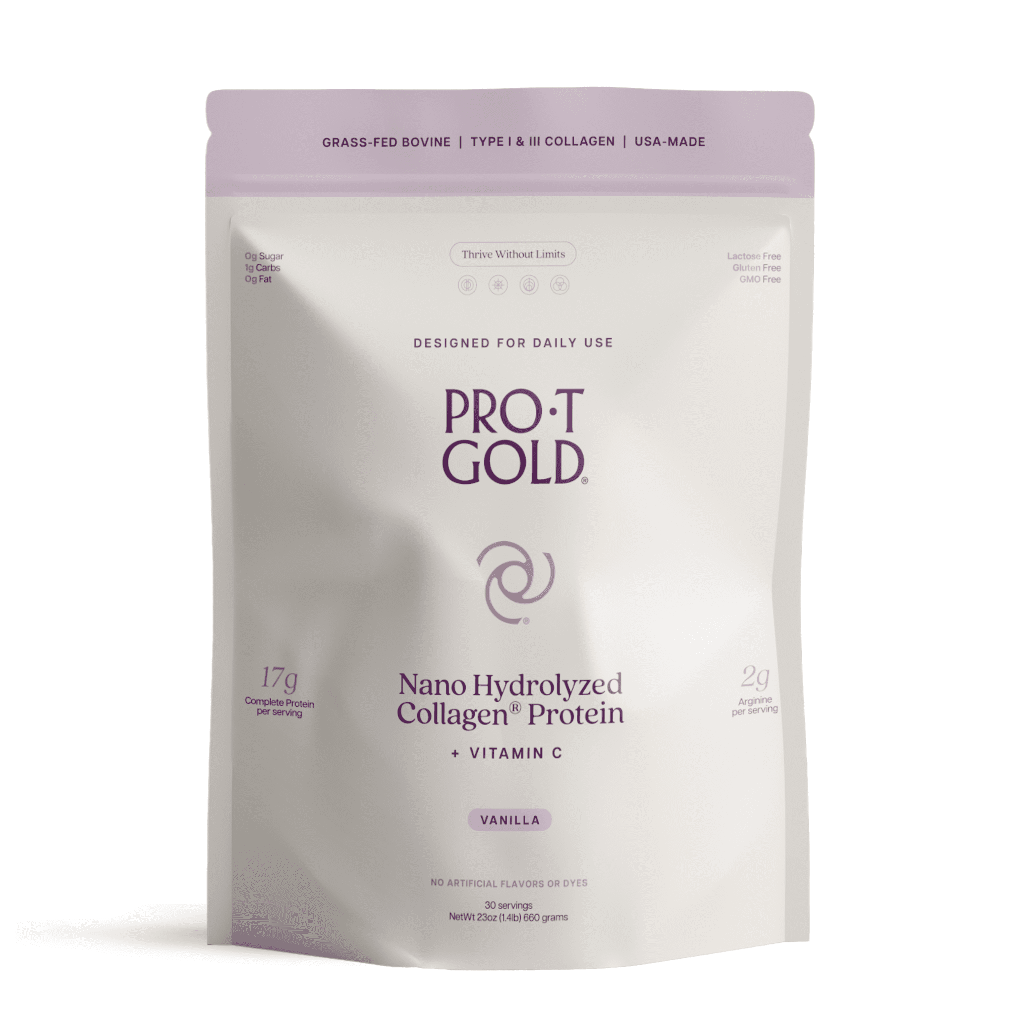 A resealable pouch of ProT Gold Nano Hydrolyzed Collagen Protein in vanilla flavor, featuring 17 grams of protein per serving and labeled as gluten-free, lactose-free, and GMO-free.