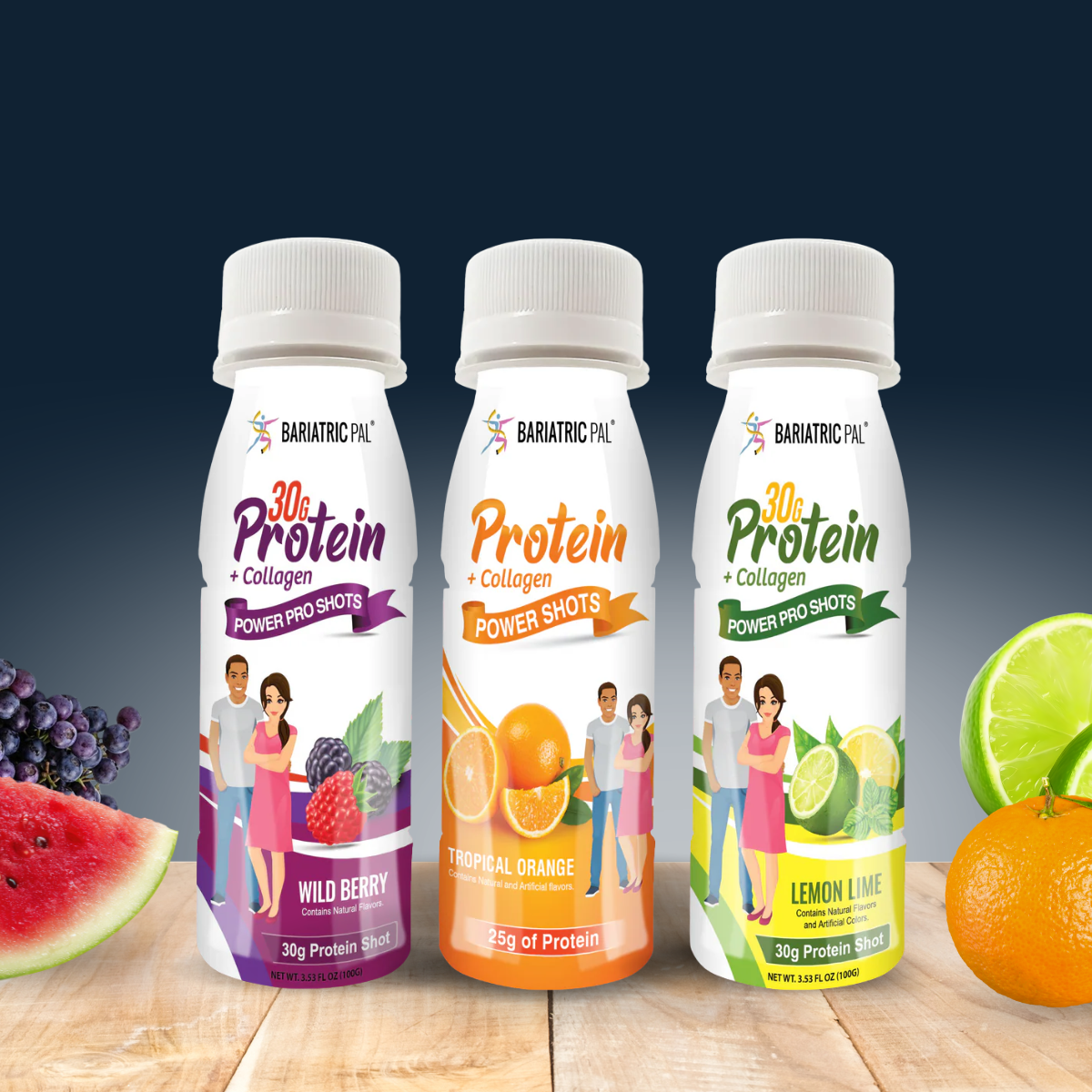 Three protein drink bottles labeled "Wild Berry," "Tropical Orange," and "Lemon Lime" are displayed on a wooden surface, with colorful fruits in the background and illustrations of people on the labels.